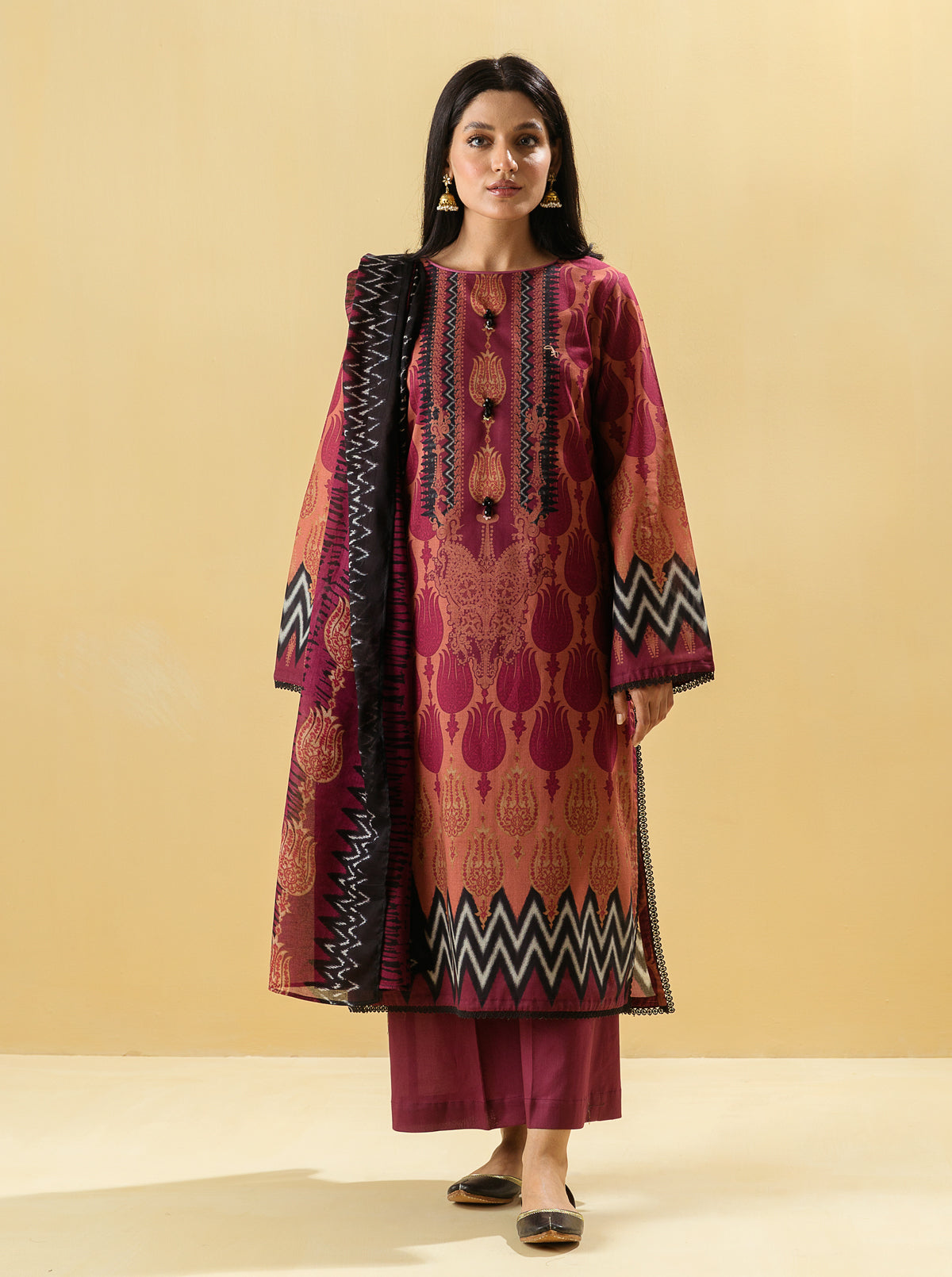 3 PIECE - PRINTED LAWN SUIT - TRIBAL TONESMB4S22U30-MAROON-2000000200791-3PC