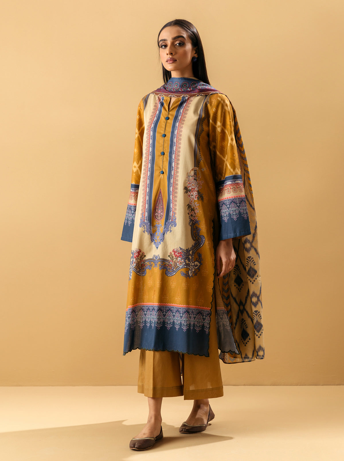 3 Piece - Printed Lawn Suit - Muted Mustard