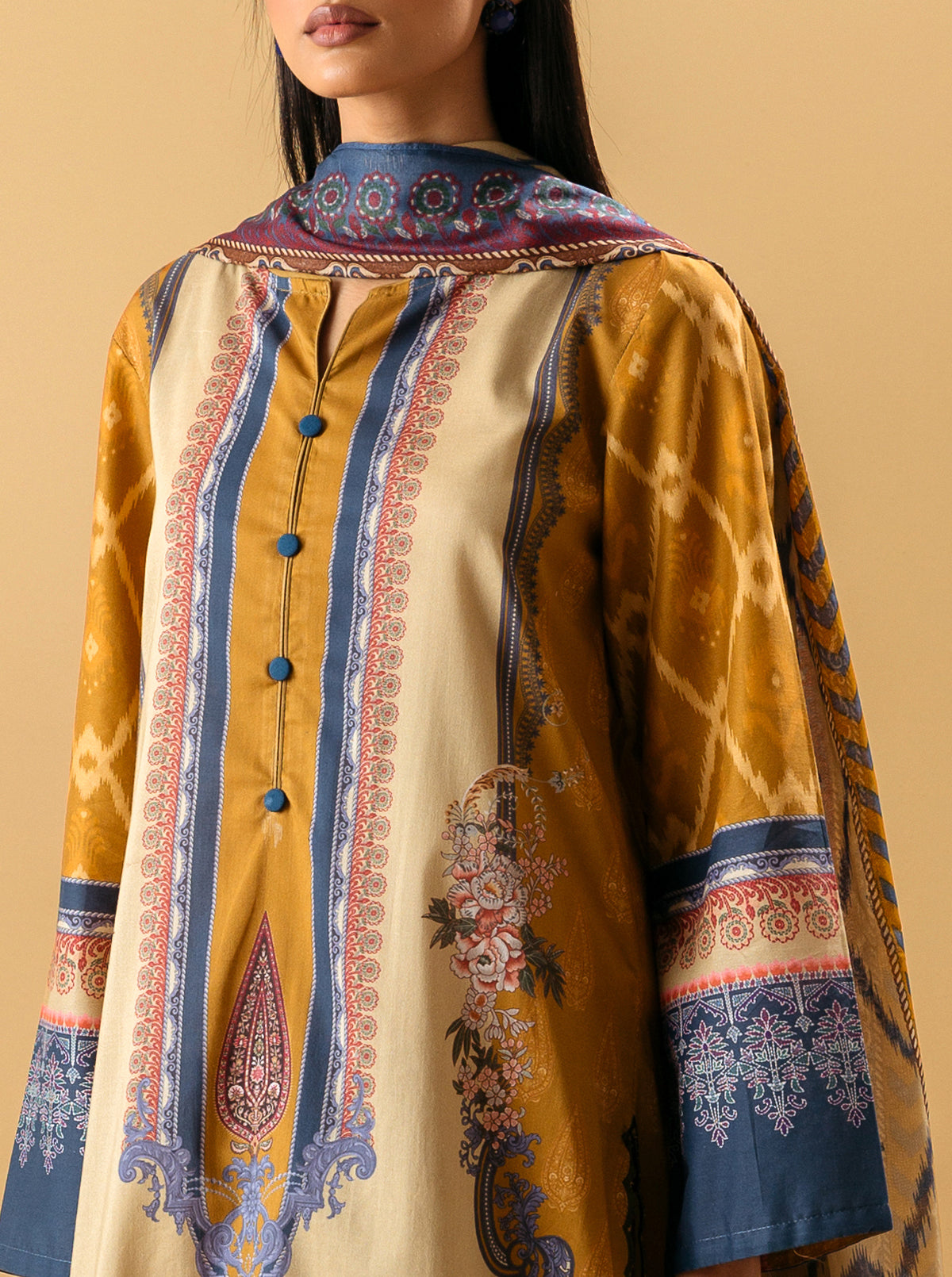 3 Piece - Printed Lawn Suit - Muted Mustard