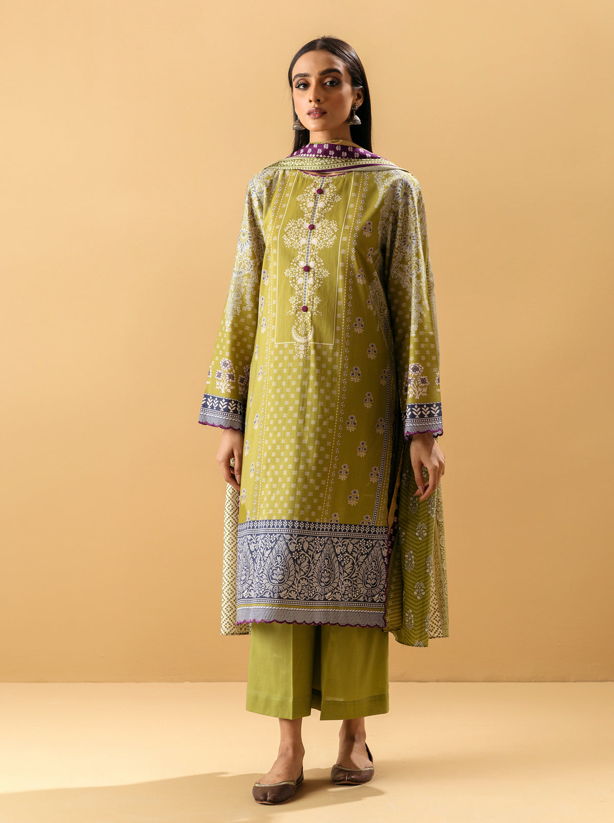 3 Piece - Printed Lawn Suit - Lime Verdant