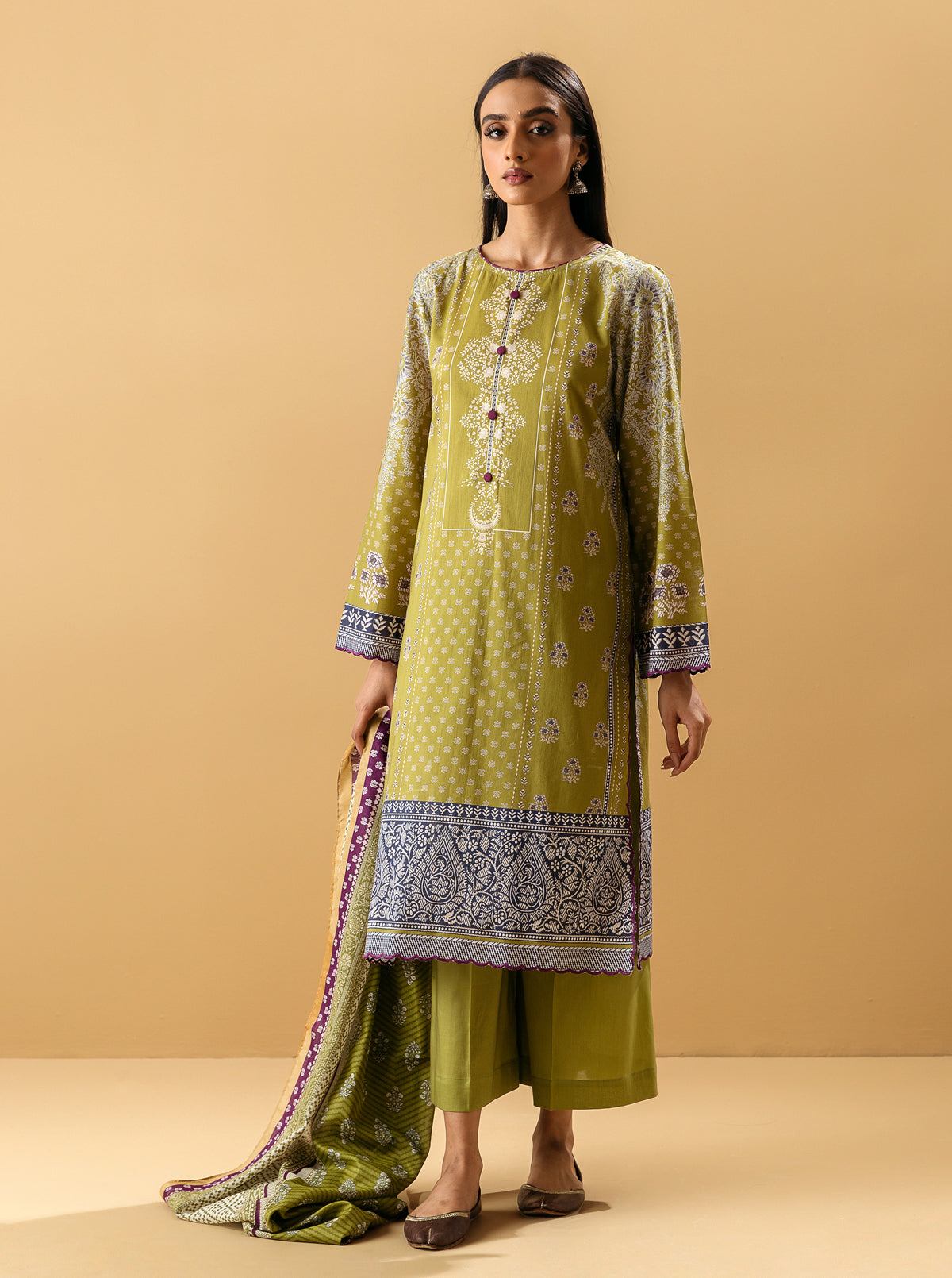 3 Piece - Printed Lawn Suit - Lime Verdant