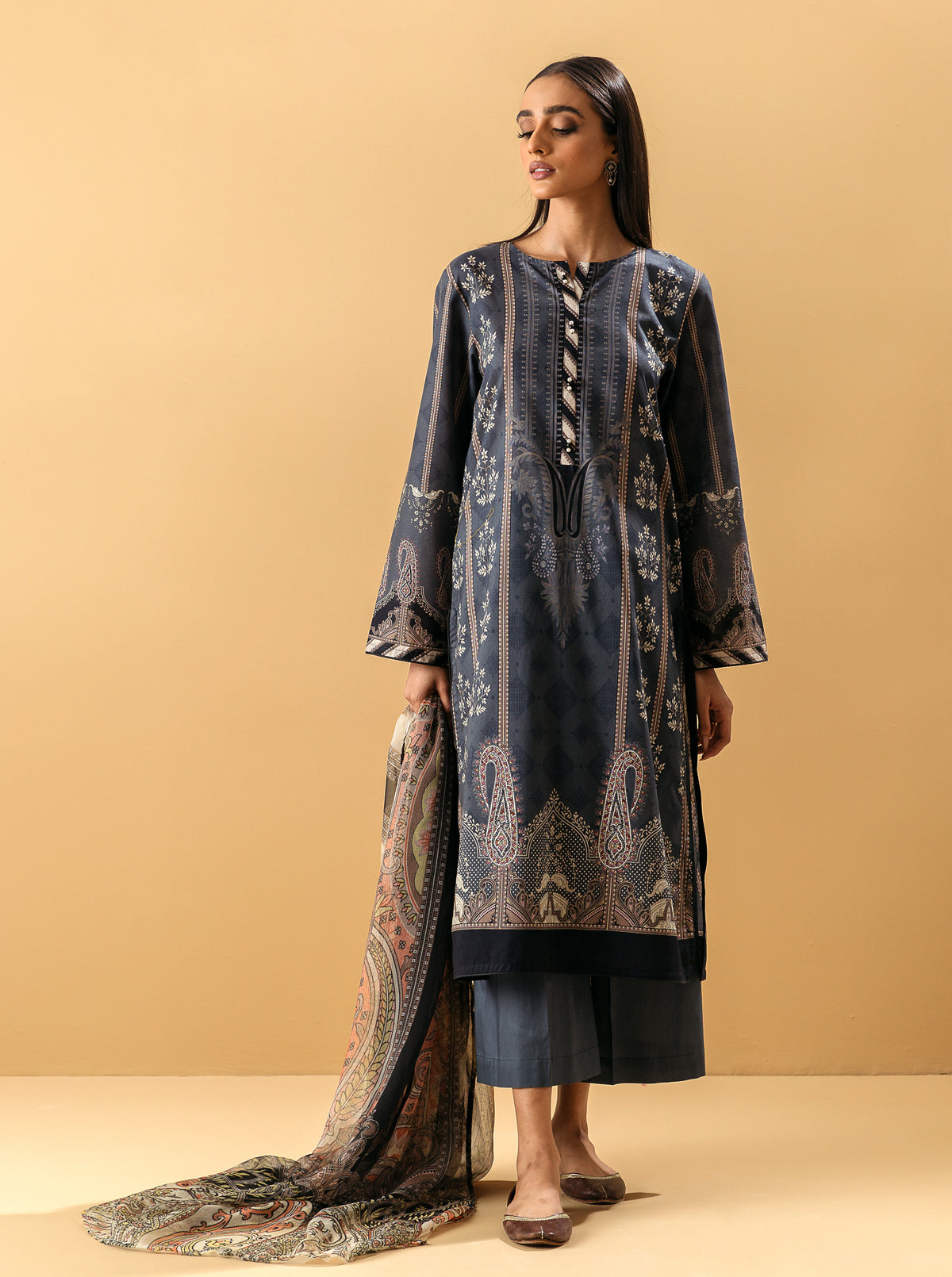 3 PIECE - PRINTED LAWN SUIT - BLUE HORIZONMB4S22U47-GRAY-2000000204102-3PC