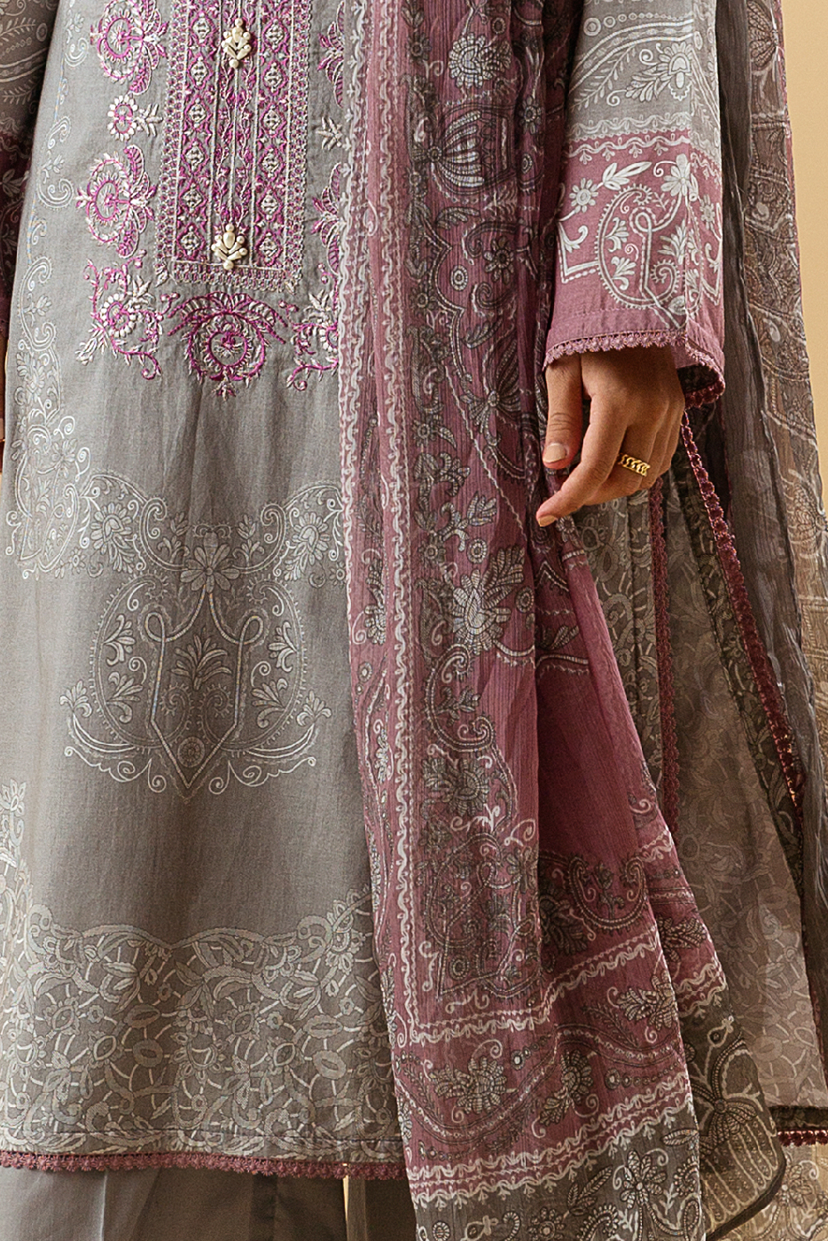 3 Piece - Embroidered Lawn Suit - Classic Grey