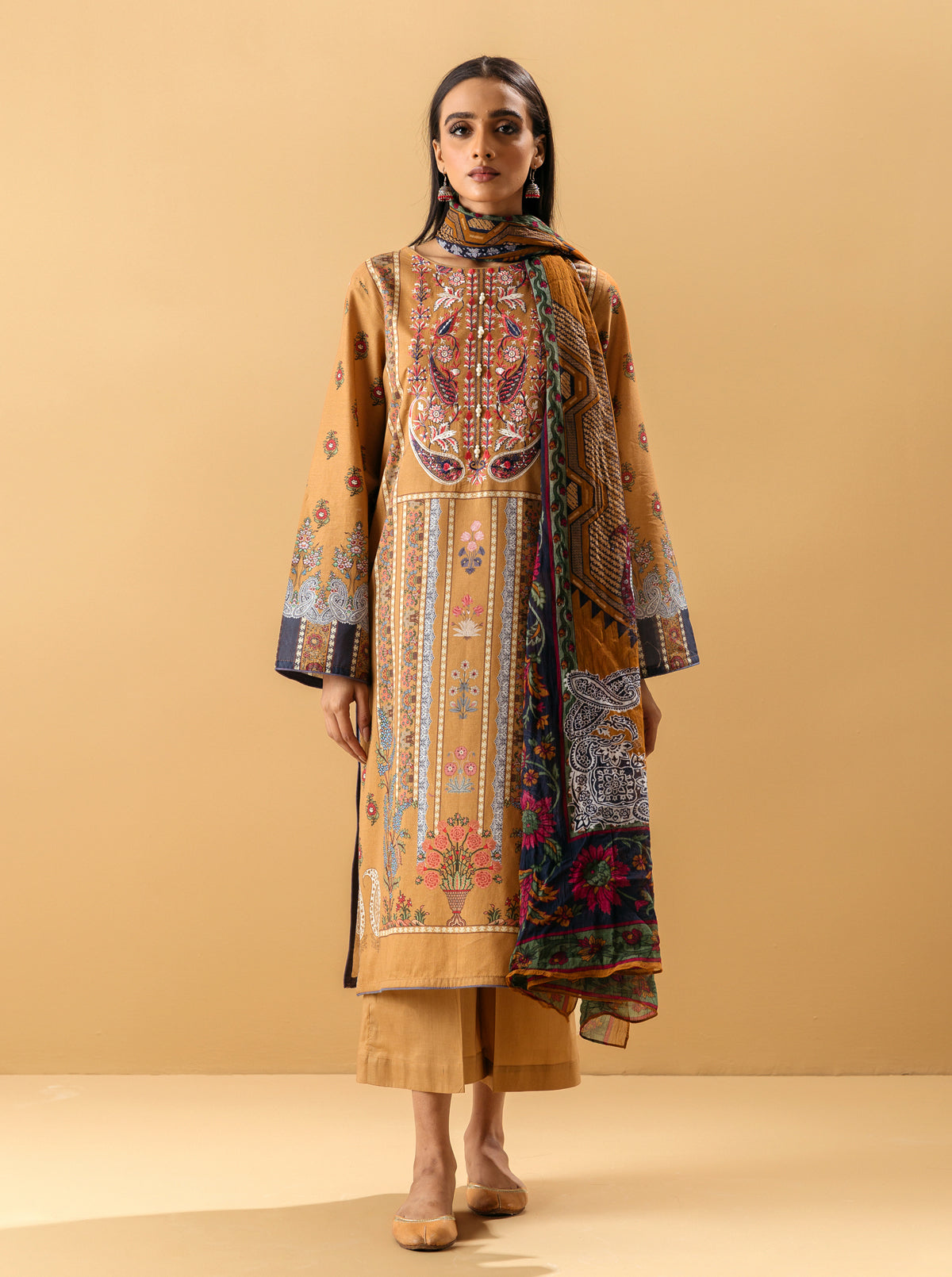 3 Piece - Embroidered Lawn Suit - Apricot Tan