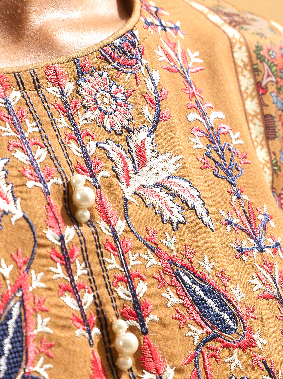 3 Piece - Embroidered Lawn Suit - Apricot Tan