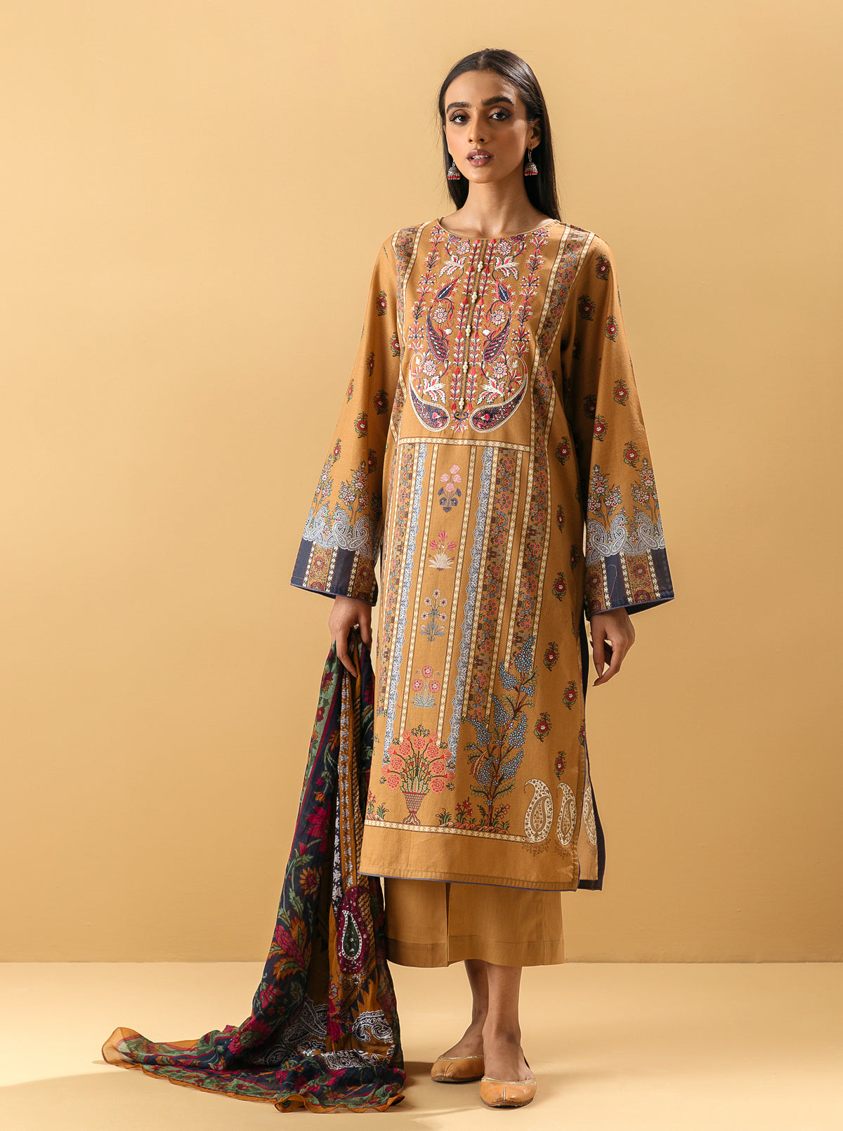 3 Piece - Embroidered Lawn Suit - Apricot Tan