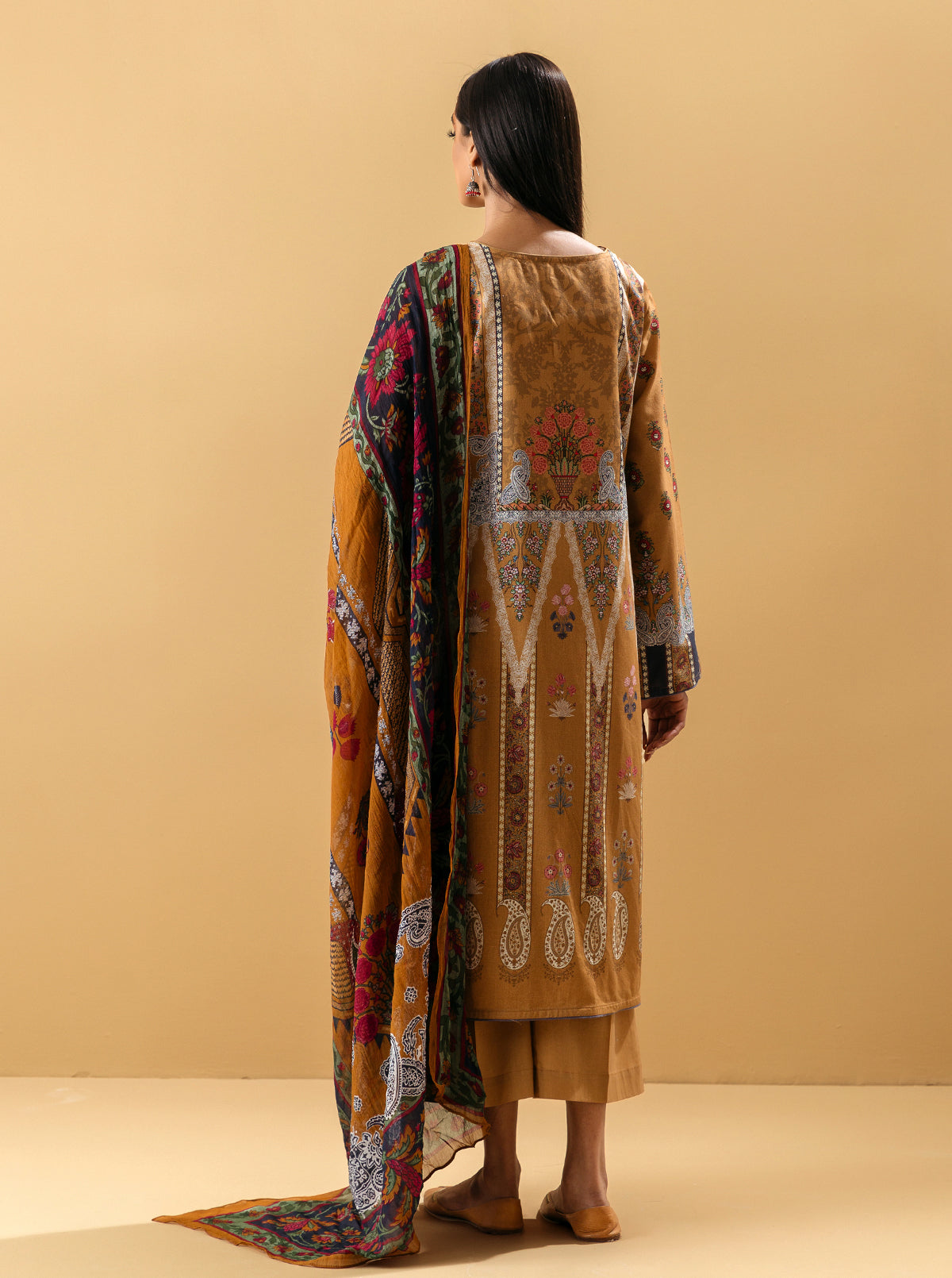 3 Piece - Embroidered Lawn Suit - Apricot Tan