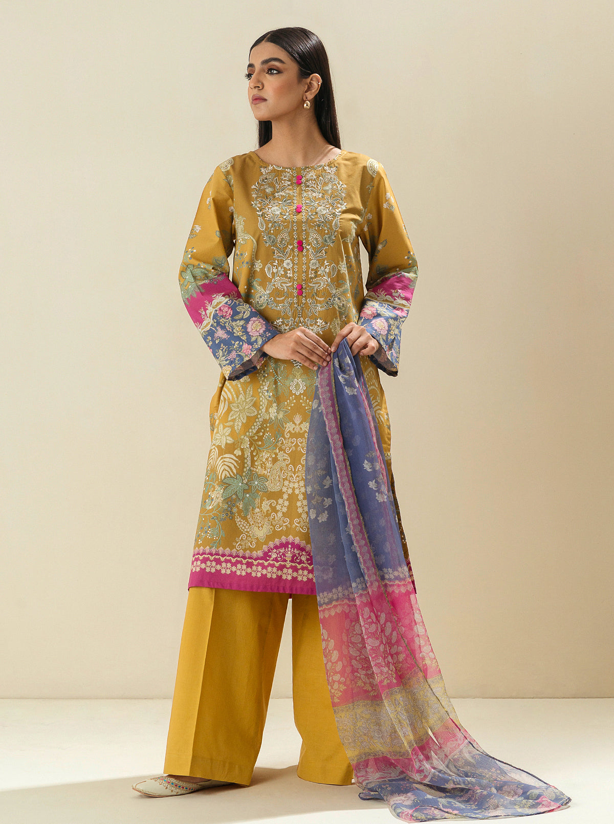 3 Piece - Embroidered Lawn Suit - Honey Gold