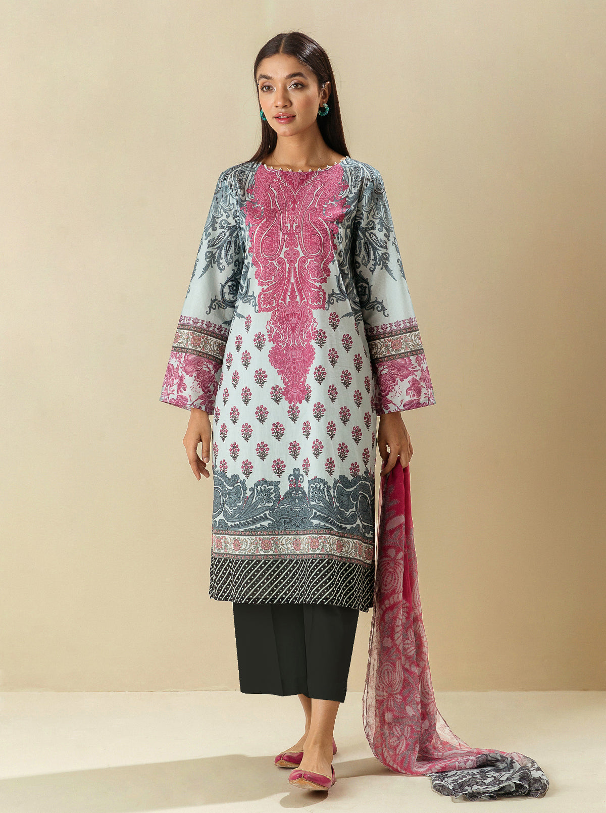 3 Piece - Printed Lawn Suit - Beetroot Trace
