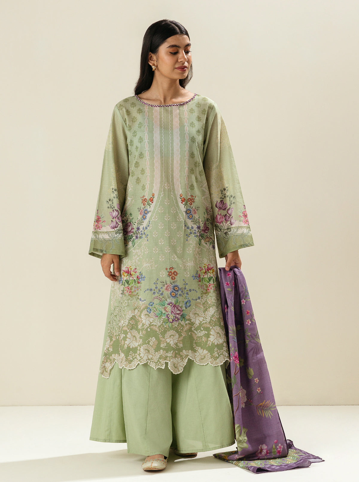 3 Piece - Printed Lawn Suit - Freshly Green