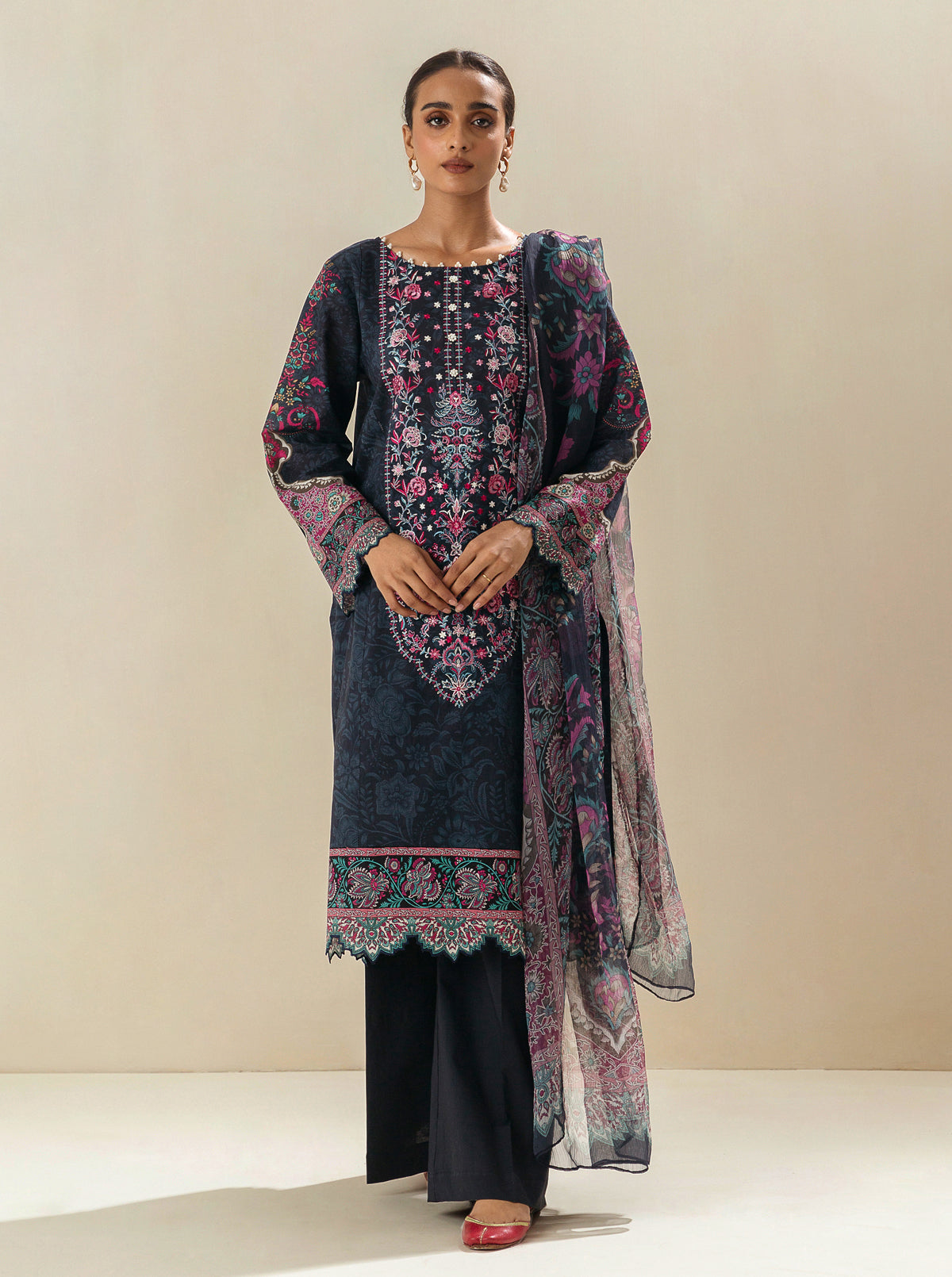 3 Piece - Embroidered Lawn Suit - Baritone Bricks