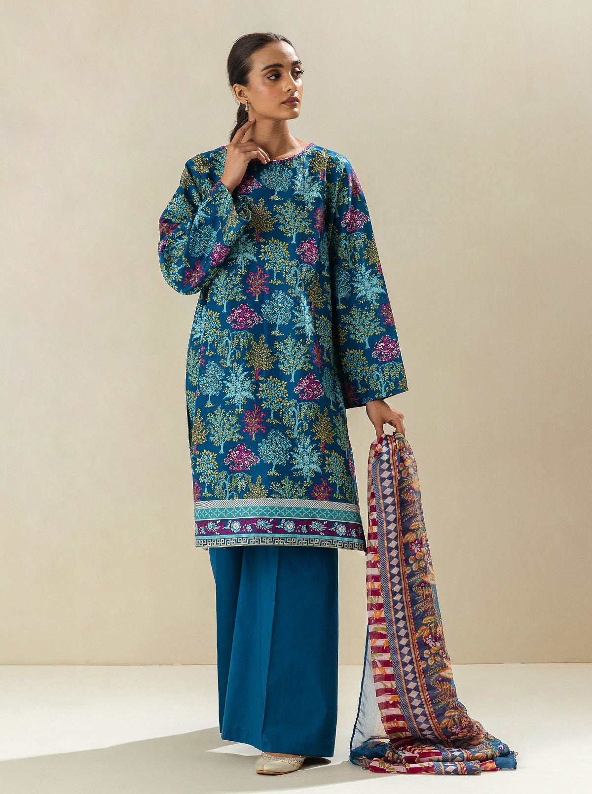 3 Piece - Printed Lawn Suit - Coastal Blue