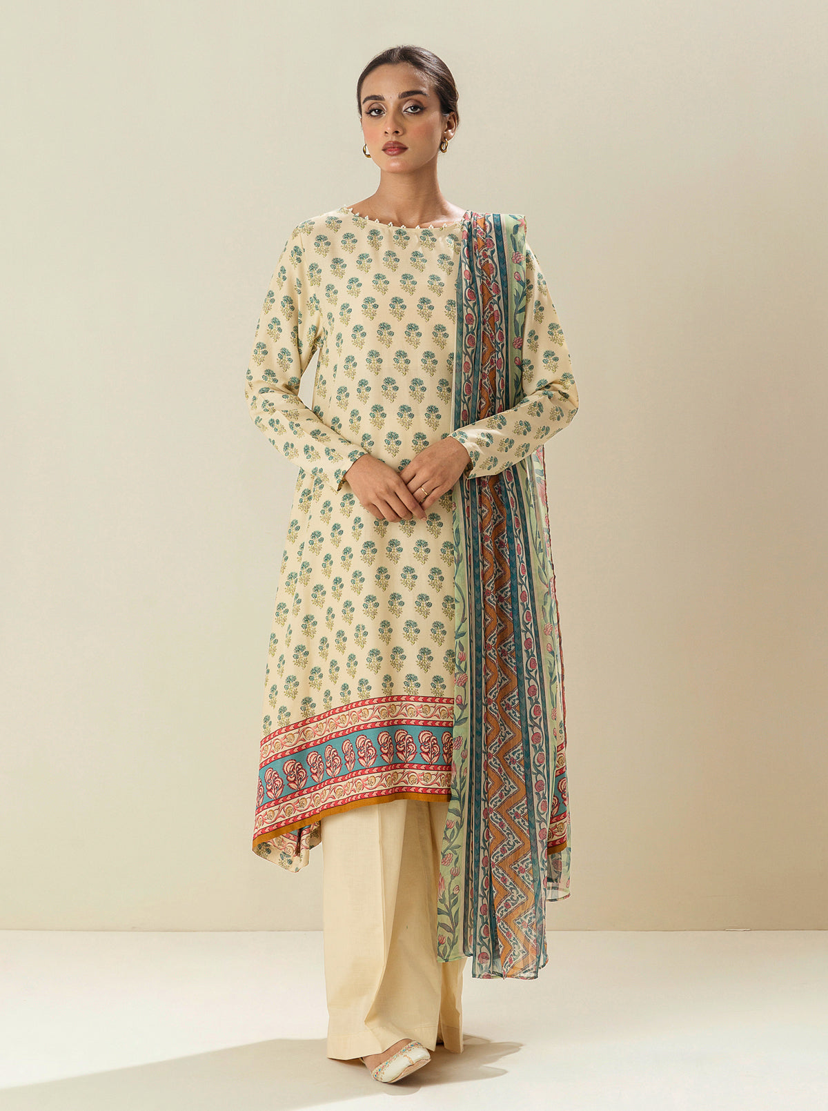 3 Piece - Printed Viscose Suit - Latte Froth (Unstitched)