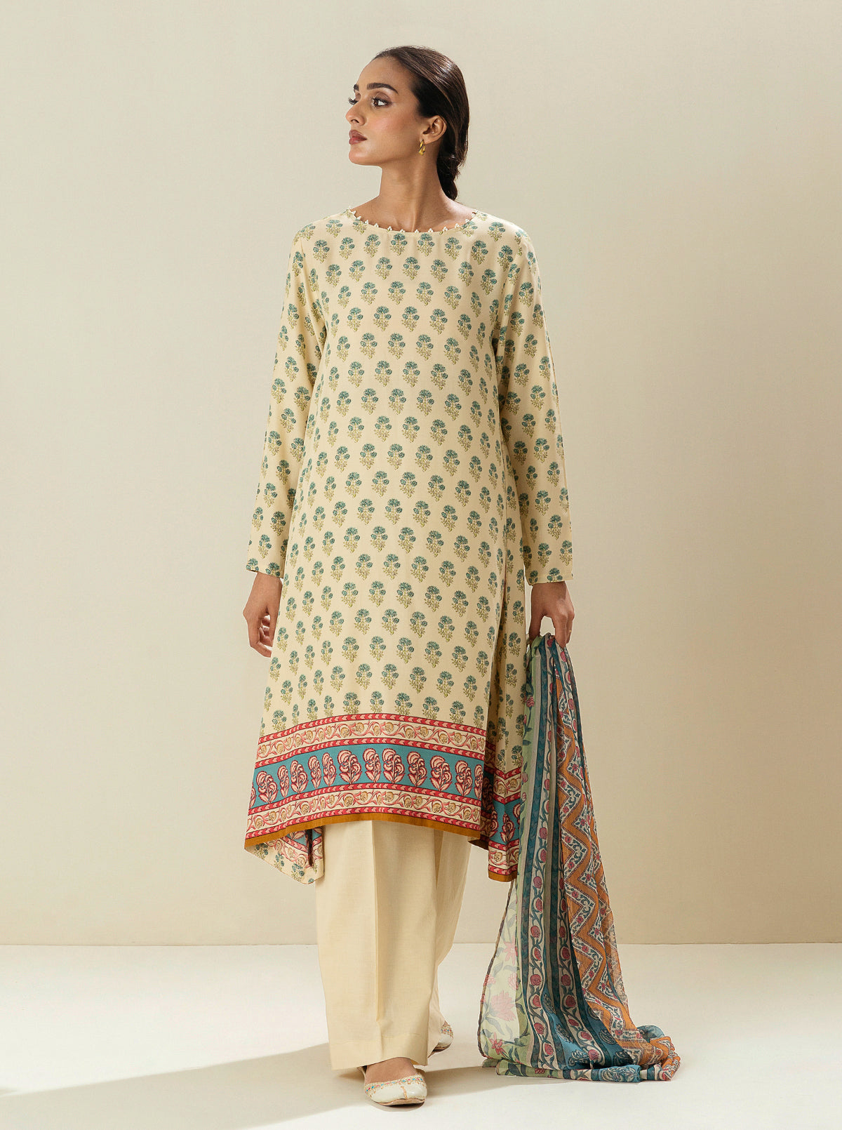 3 Piece - Printed Viscose Suit - Latte Froth (Unstitched)