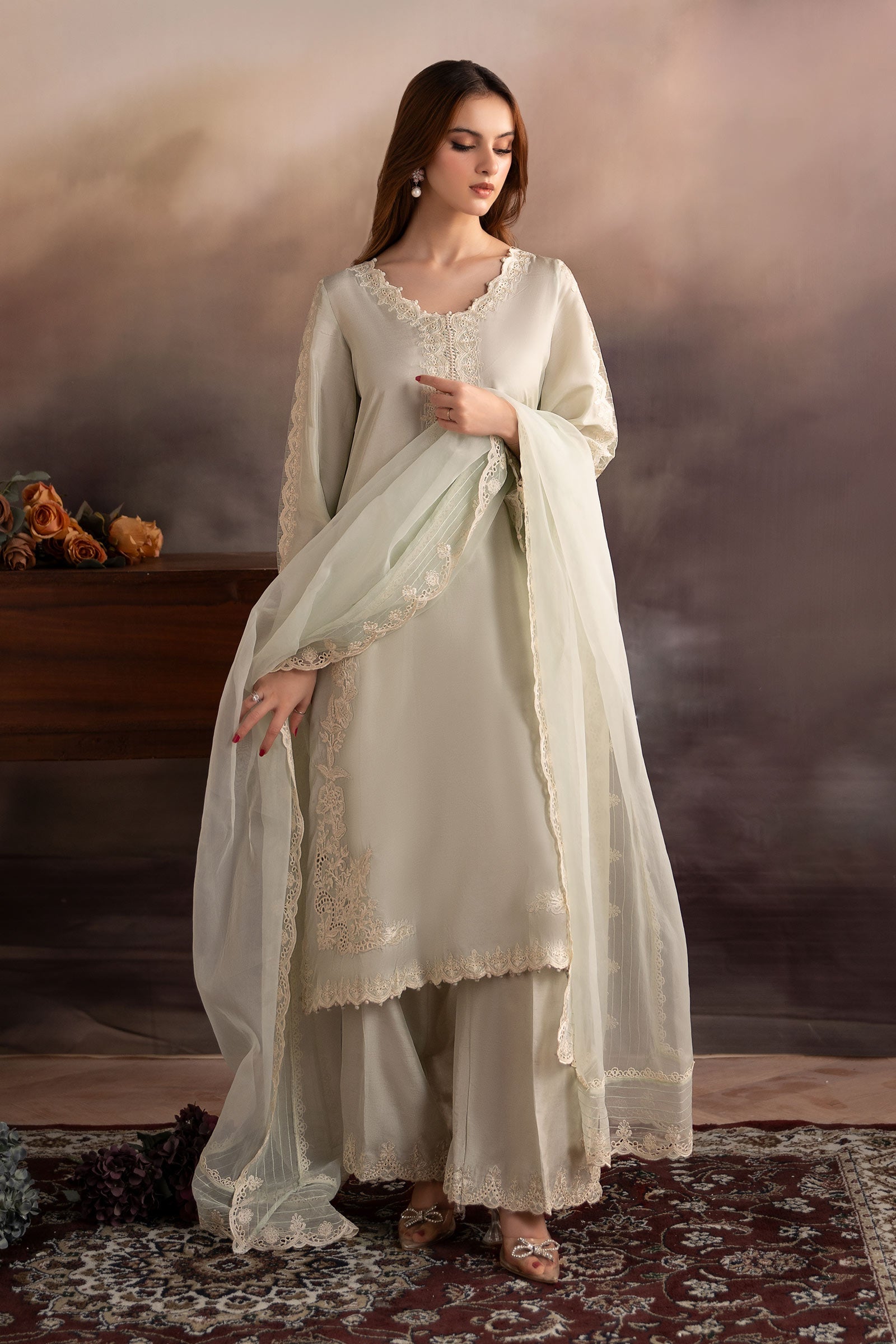 3 Piece Embroidered Tassel Silk Suit