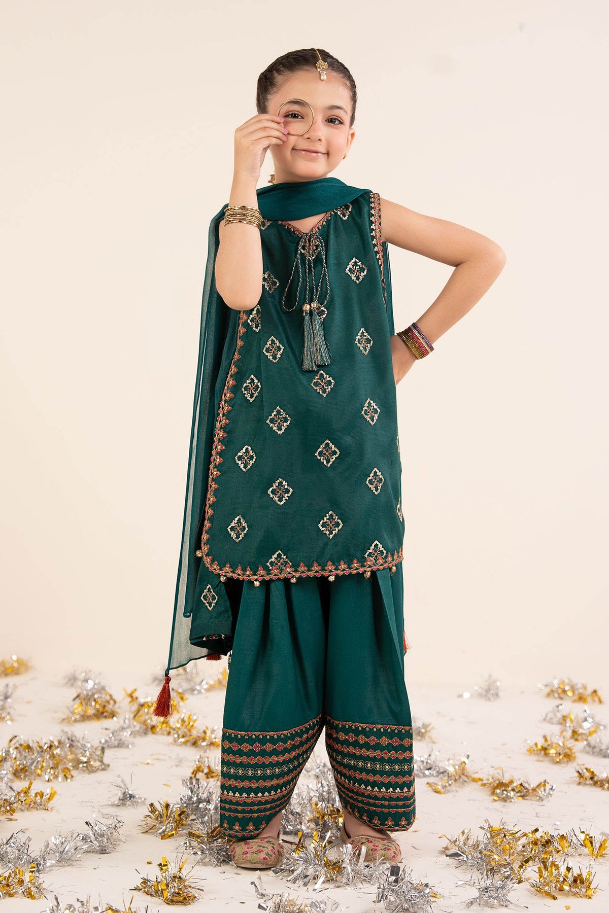 3 Piece Embroidered Raw Silk Suit