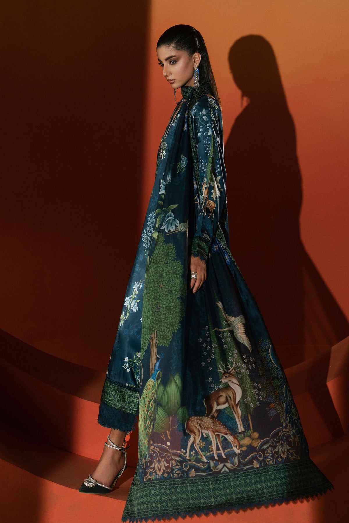 3 Piece Printed Satin Silk Suit