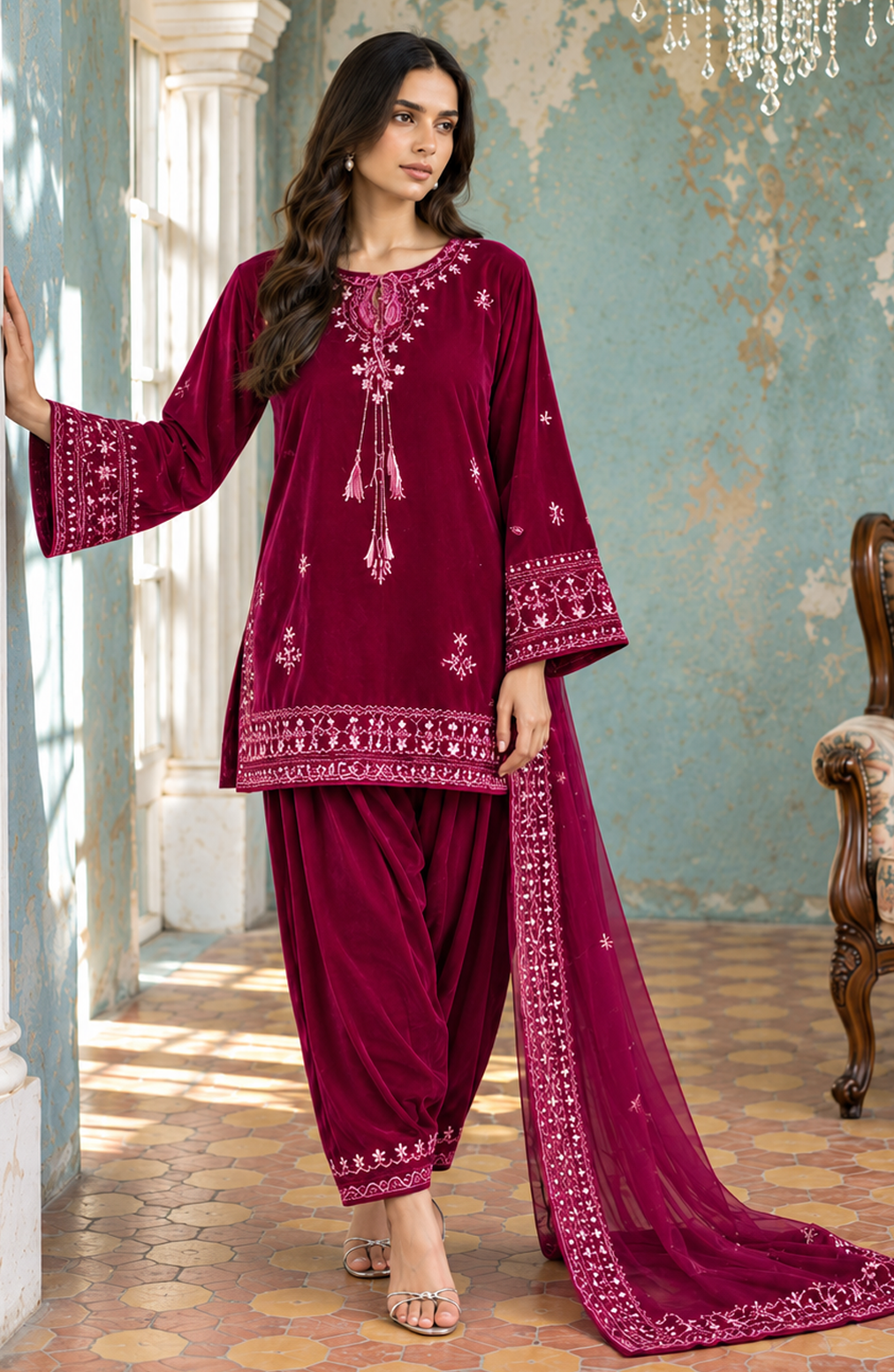 Dupatta : FW26DD-3005 DARK PINK EMBROIDERED DUPATTA