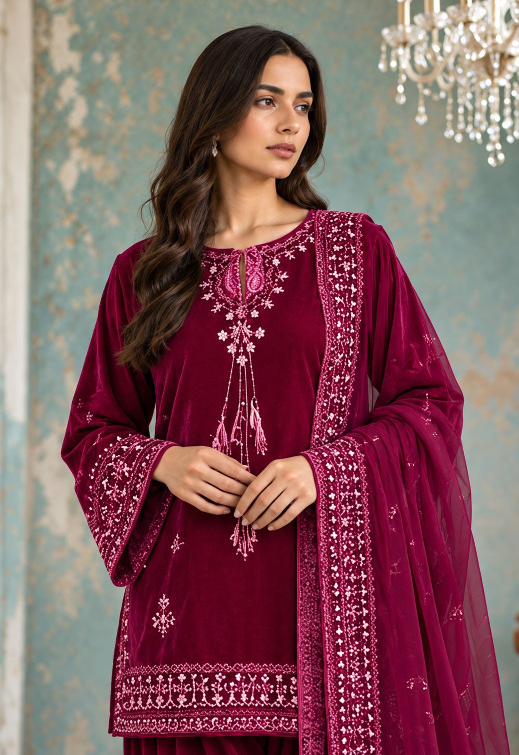 Dupatta : FW26DD-3005 DARK PINK EMBROIDERED DUPATTA