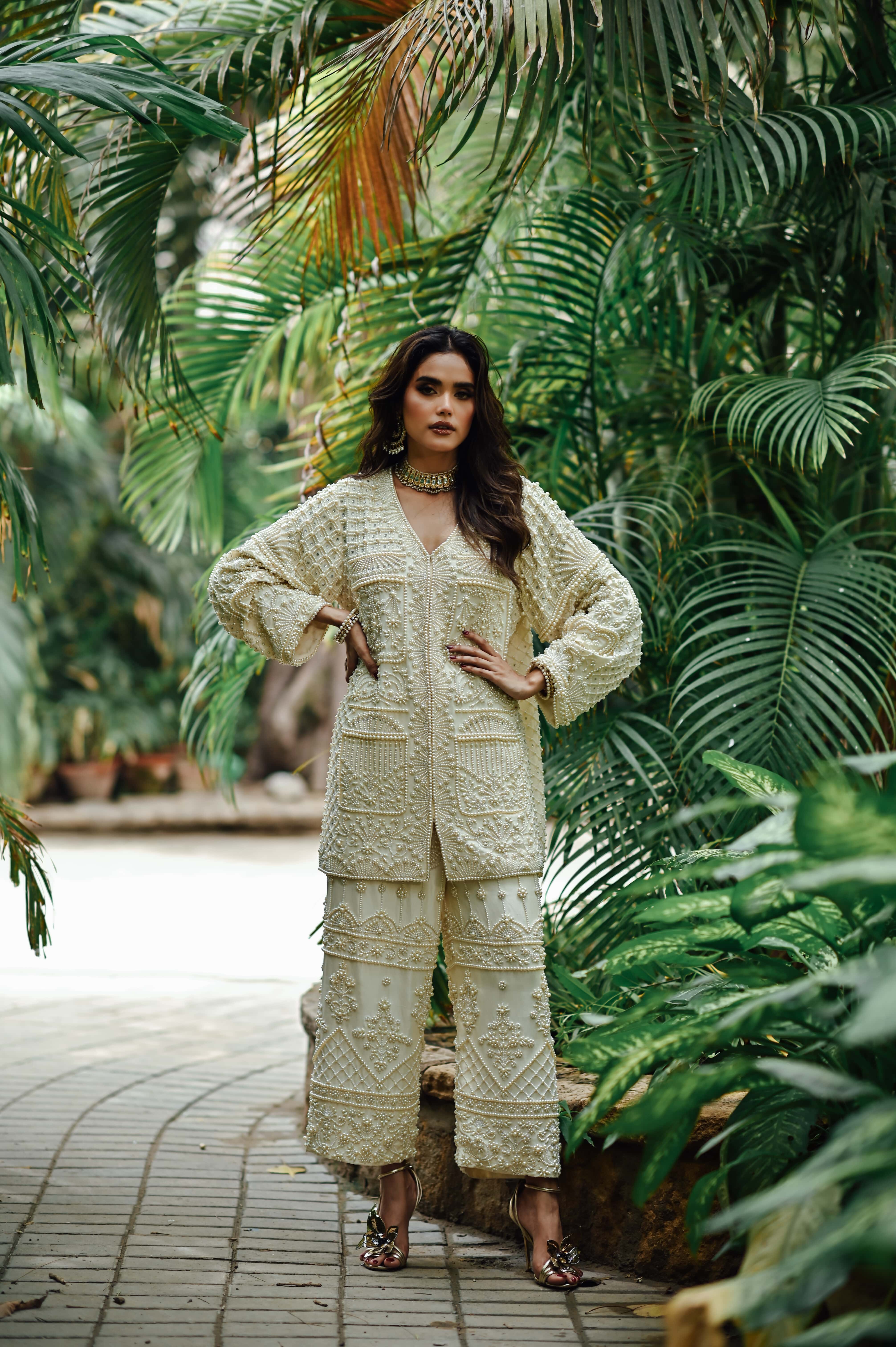 Ivory Pearl Embellished Jacket and Trouser