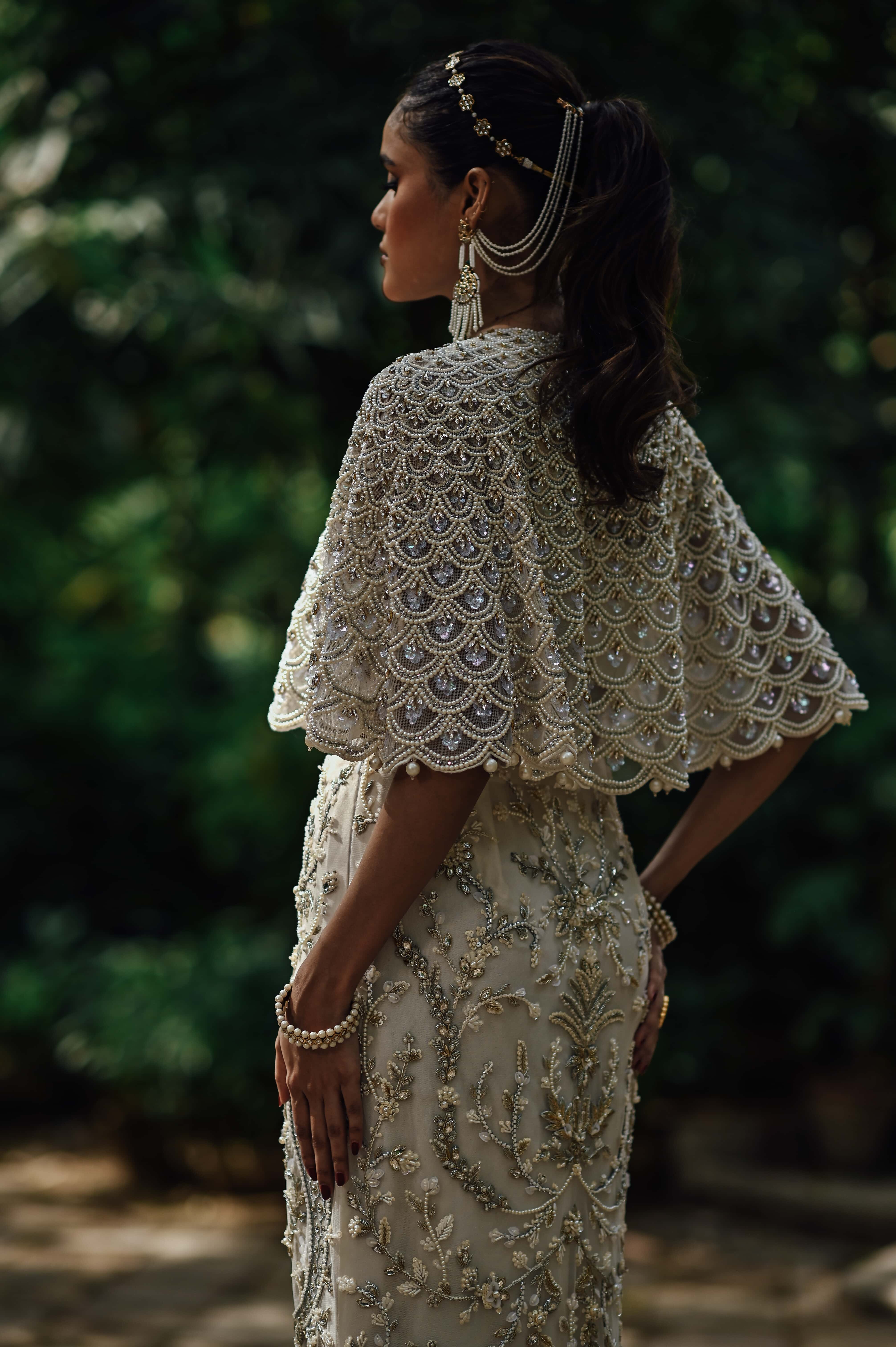 White Pearl Embellished Cape with Embellished Pencil Skirt