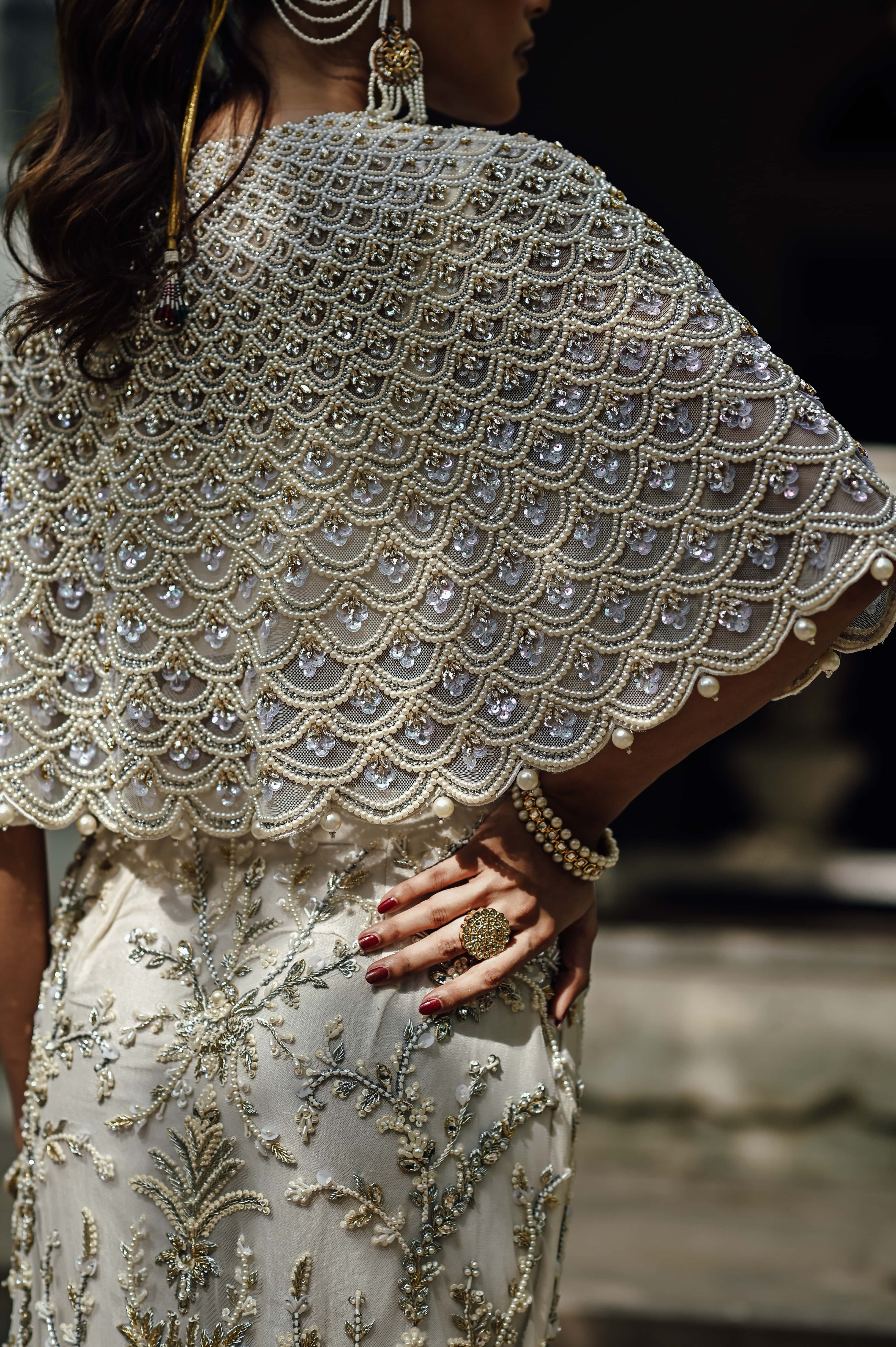 White Pearl Embellished Cape with Embellished Pencil Skirt