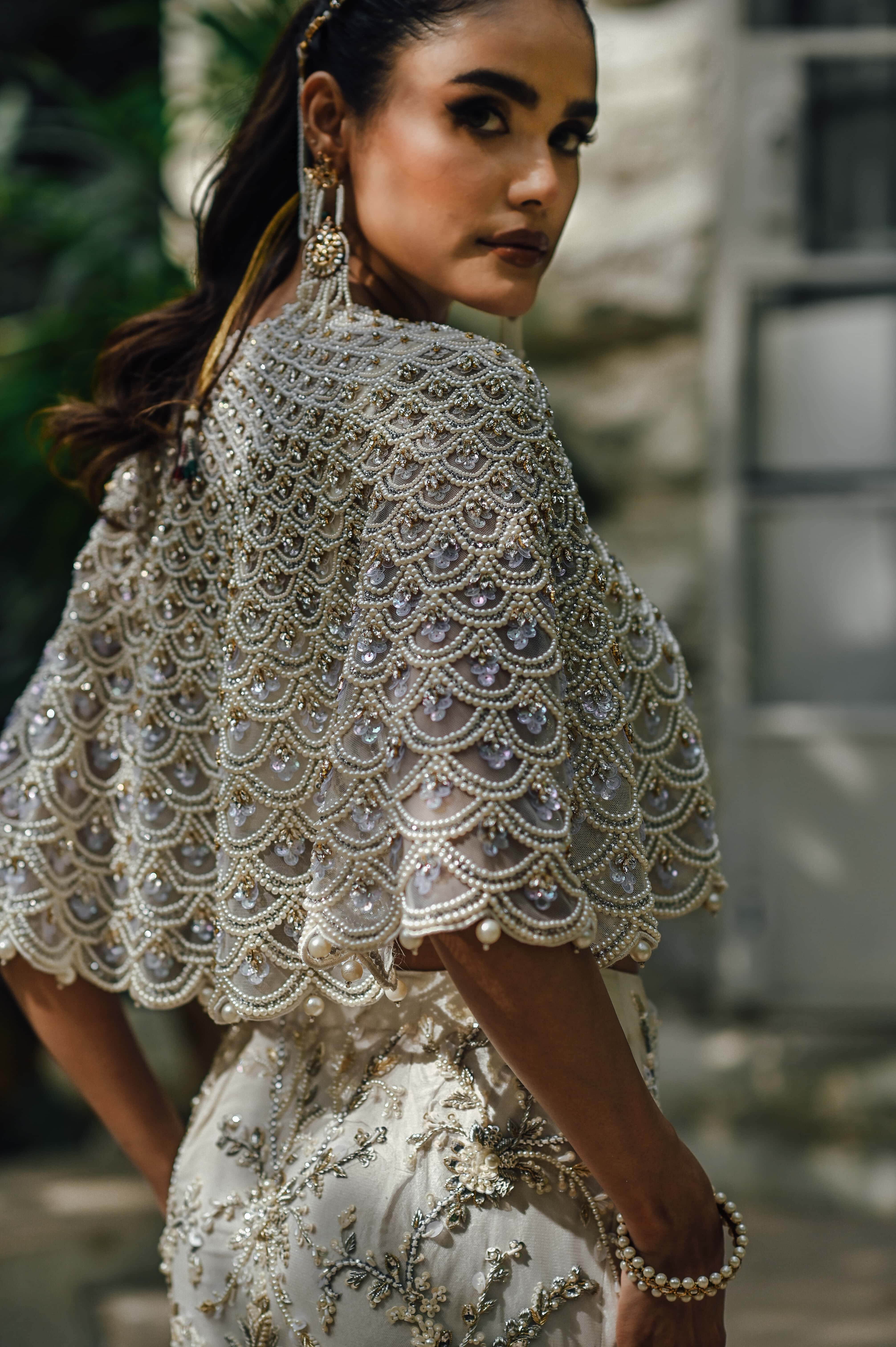 White Pearl Embellished Cape with Embellished Pencil Skirt