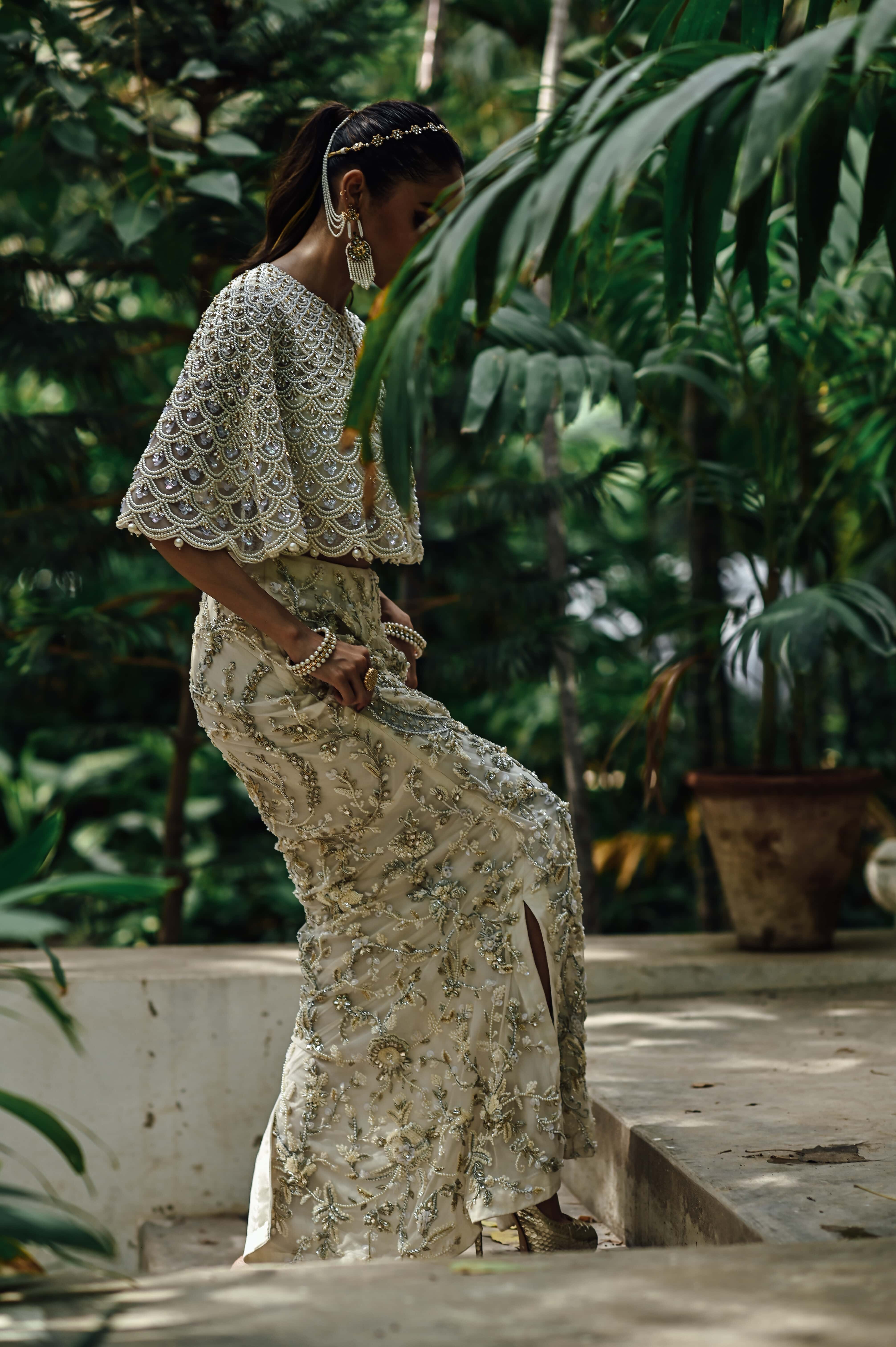 White Pearl Embellished Cape with Embellished Pencil Skirt