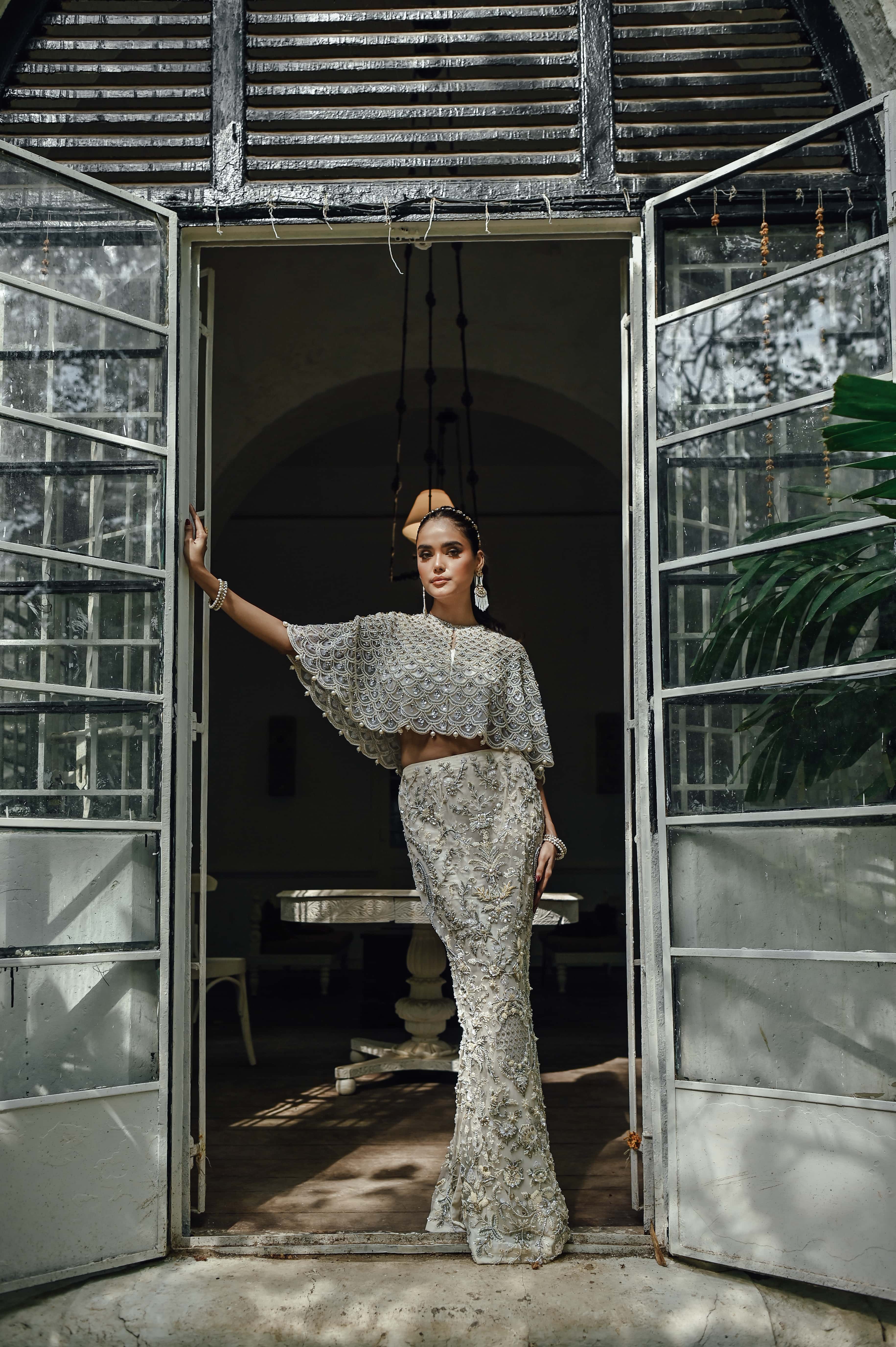 White Pearl Embellished Cape with Embellished Pencil Skirt