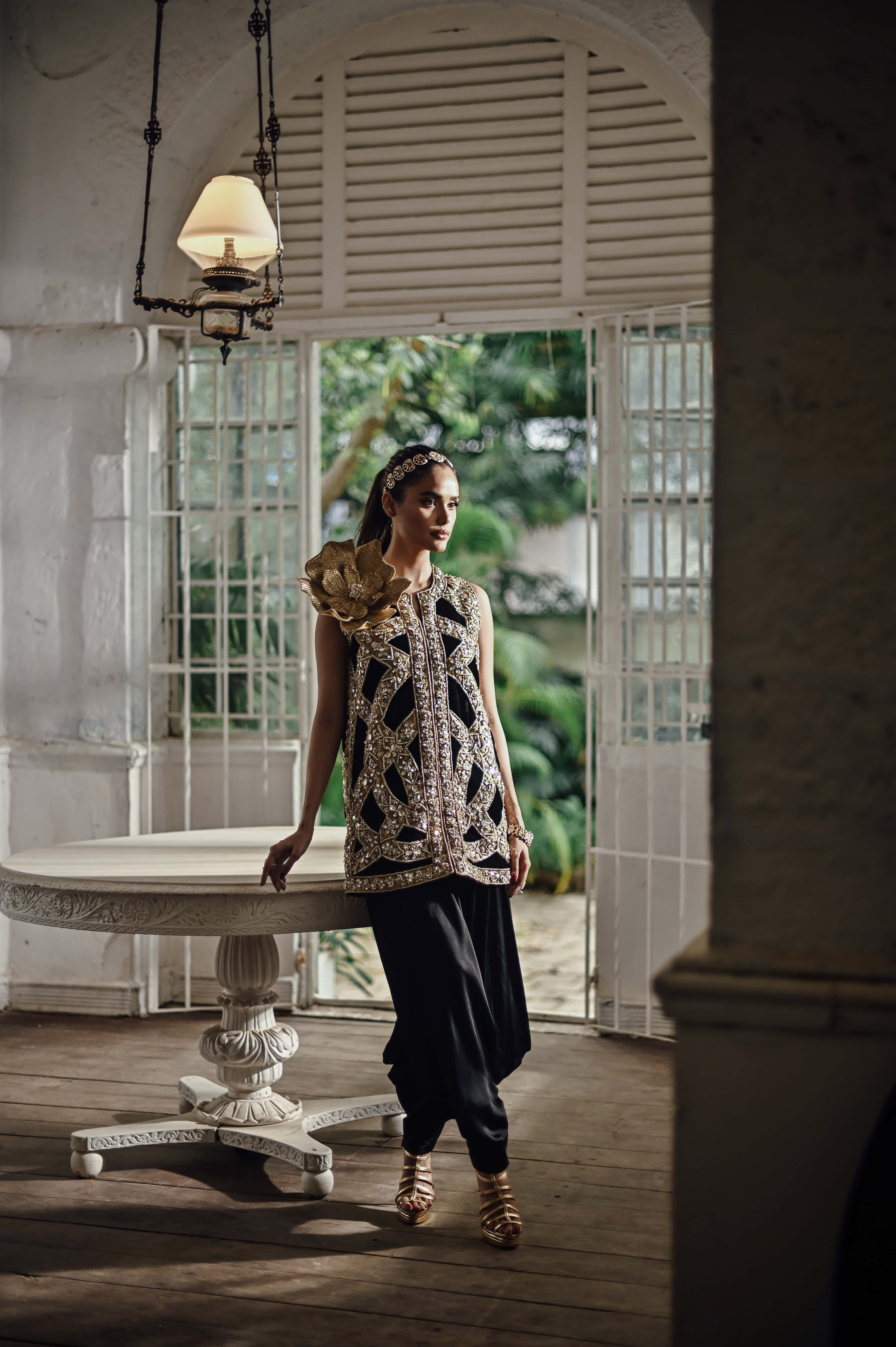Black Velvet Jewelled Jacket with Black Jodhpur Pants