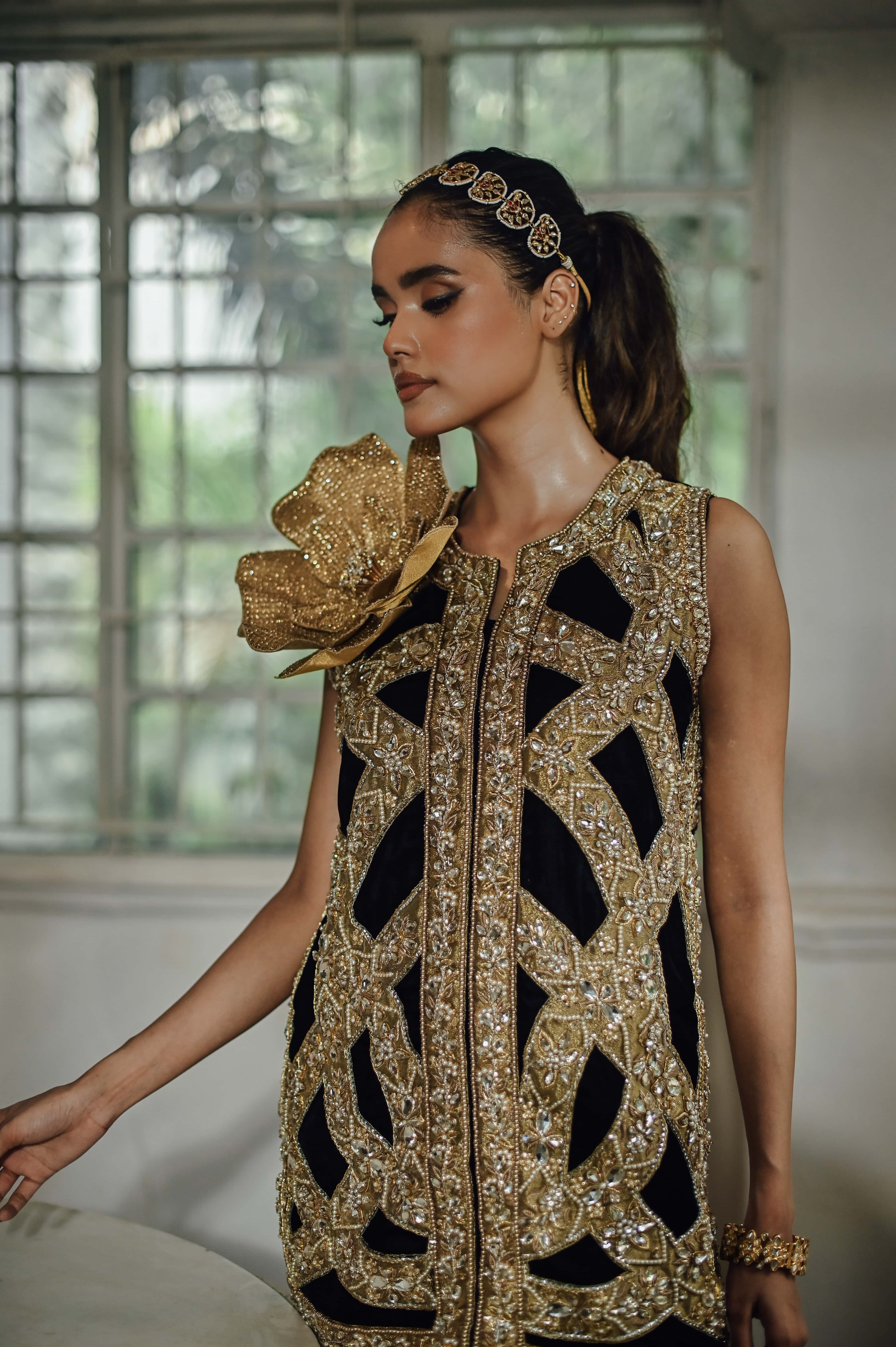 Black Velvet Jewelled Jacket with Black Jodhpur Pants