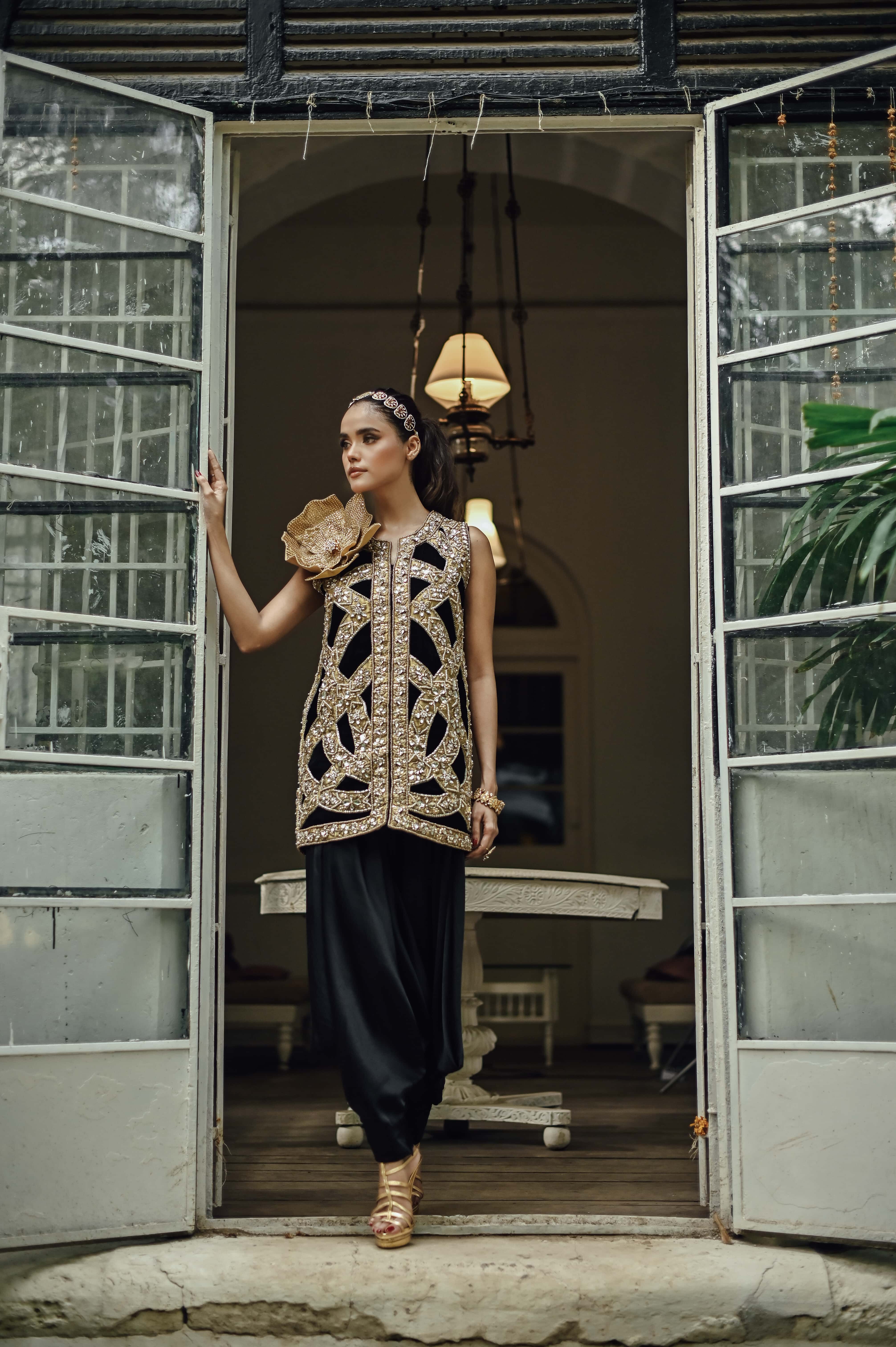 Black Velvet Jewelled Jacket with Black Jodhpur Pants