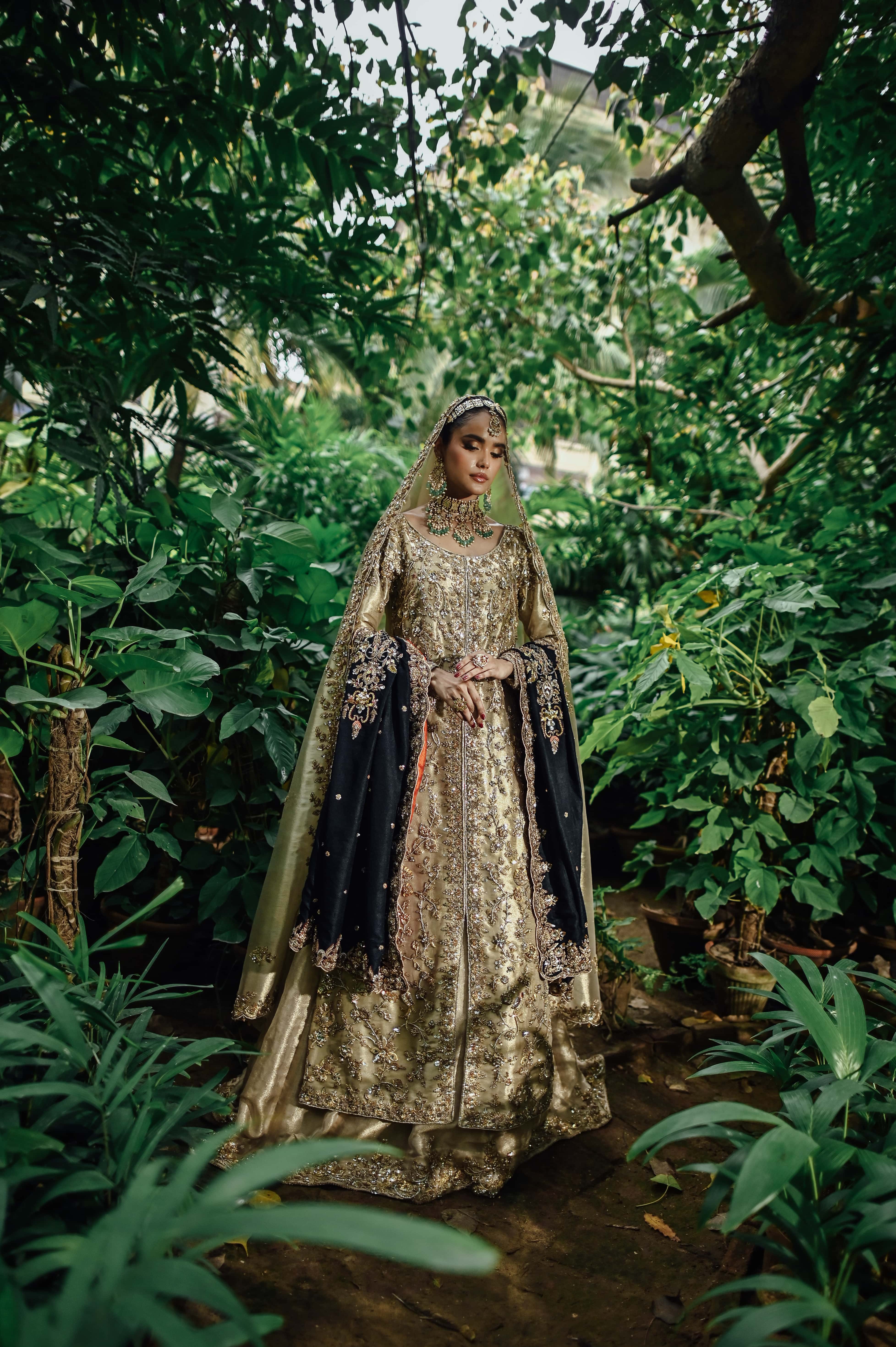 Gold Lamé Embellished Bridal Kameez with Scalloped Dupatta and Kalidar lehenga