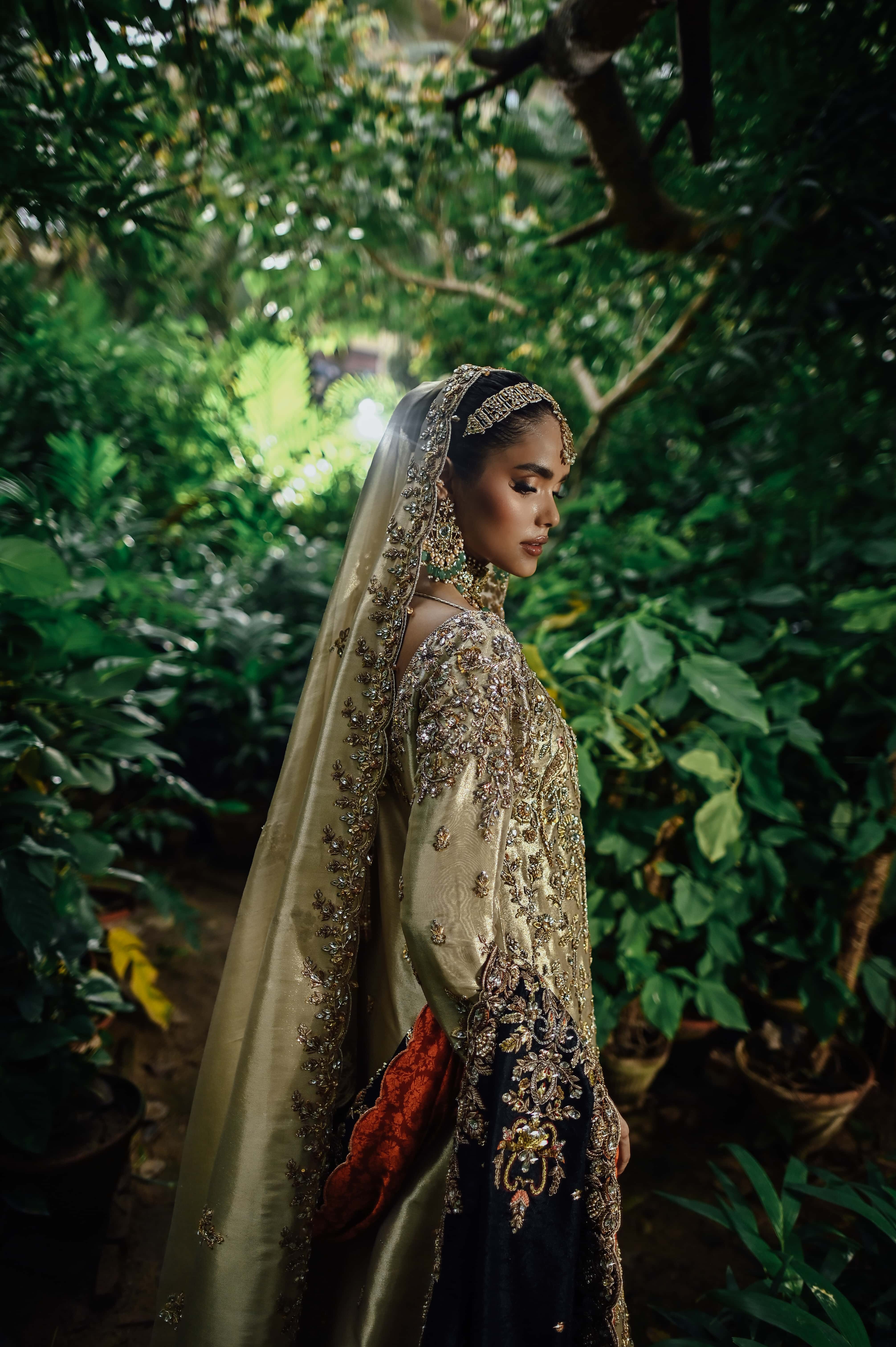 Gold Lamé Embellished Bridal Kameez with Scalloped Dupatta and Kalidar lehenga