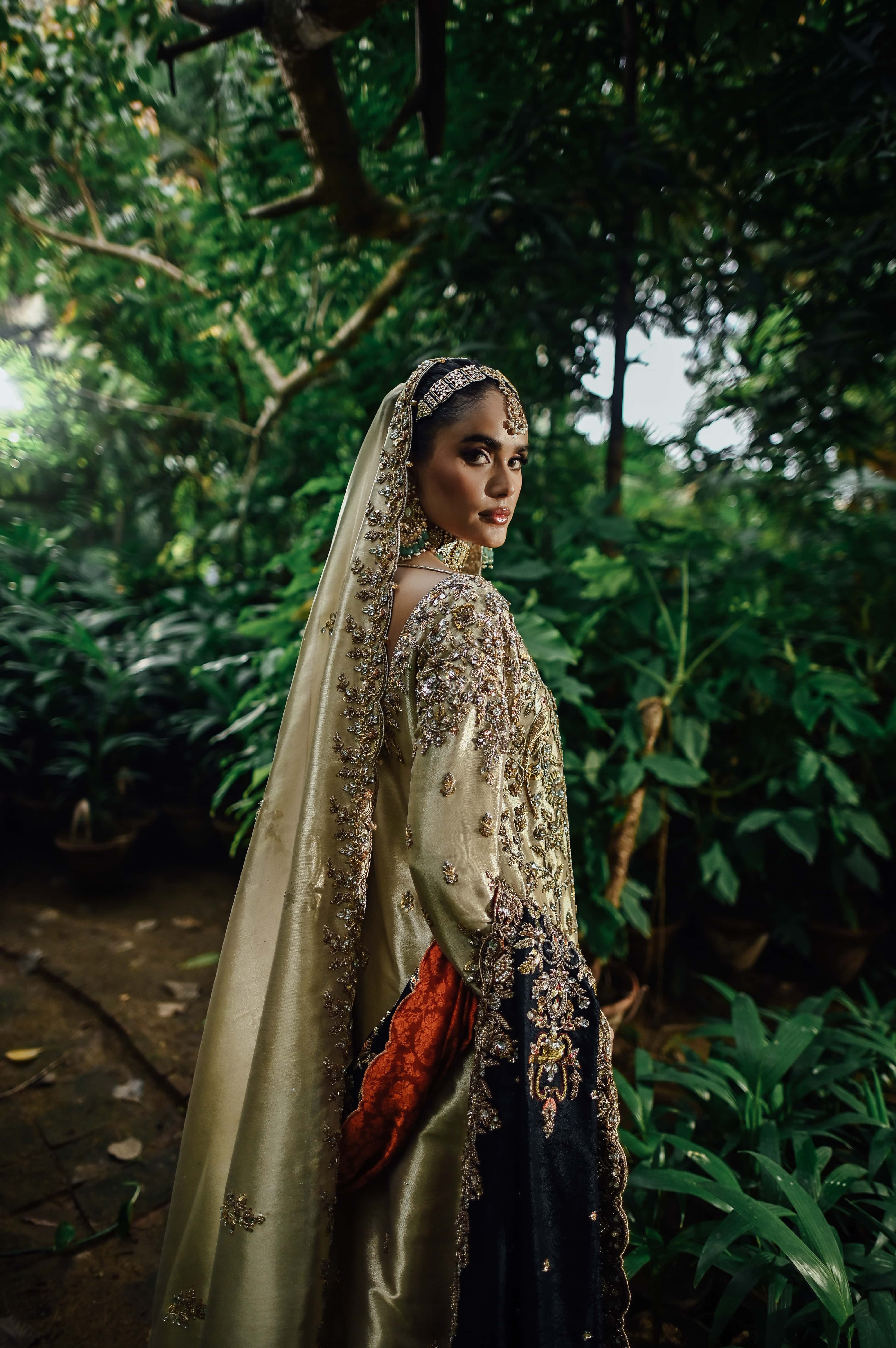 Gold Lamé Embellished Bridal Kameez with Scalloped Dupatta and Kalidar lehenga