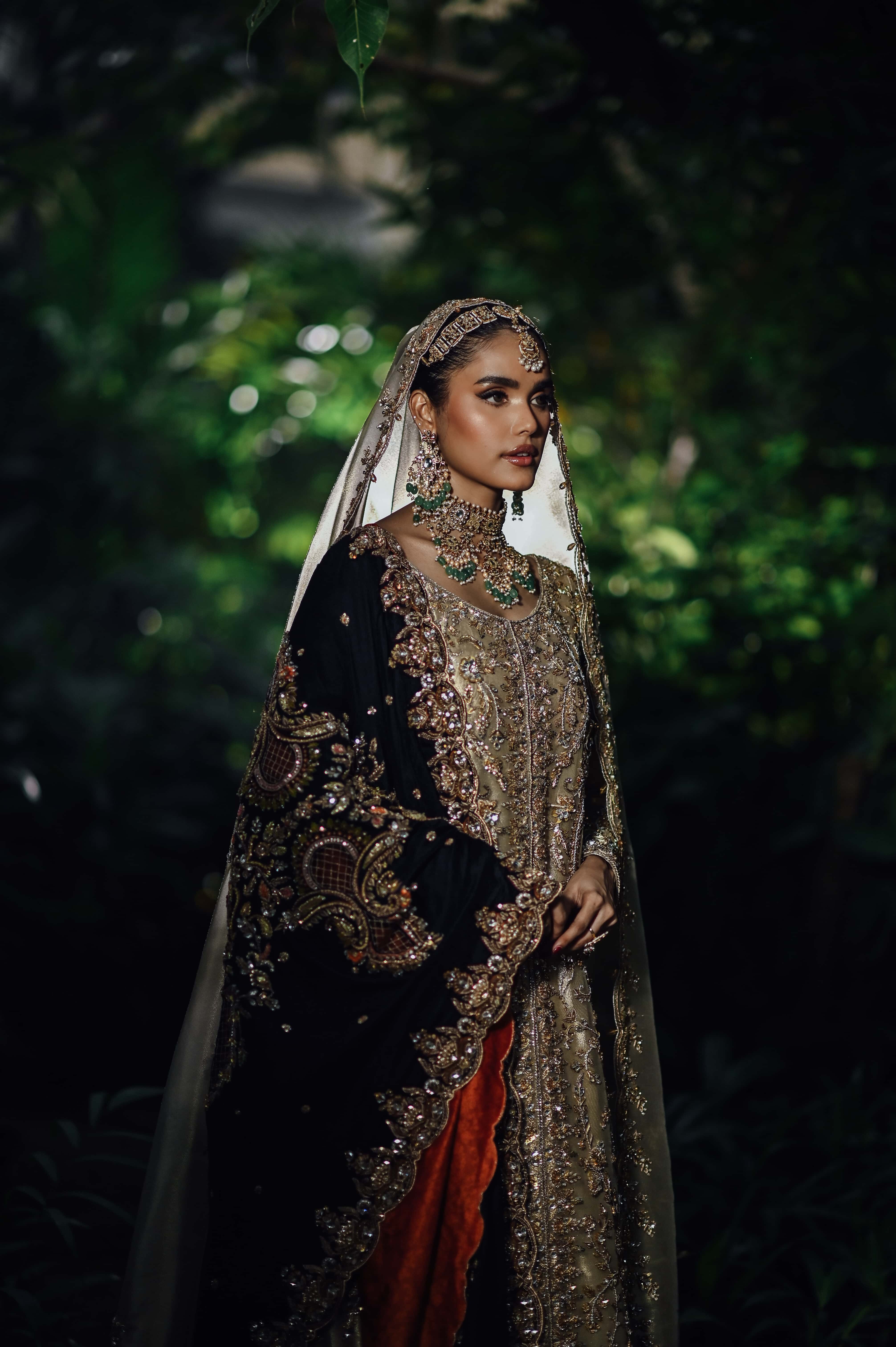 Gold Lamé Embellished Bridal Kameez with Scalloped Dupatta and Kalidar lehenga