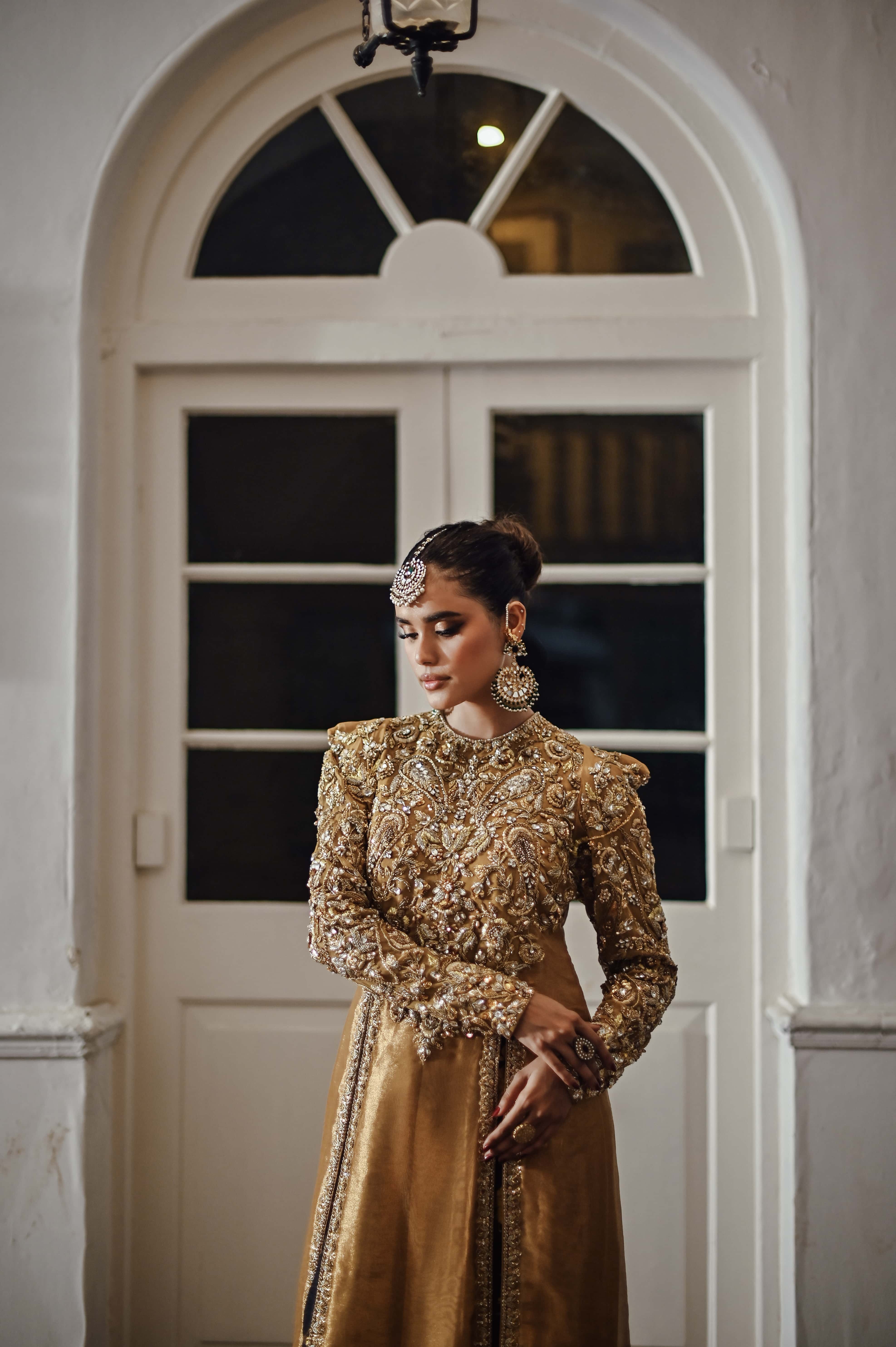 Gold Lamé Long Embellished Kameez with Jamawar Dhaka Pajama