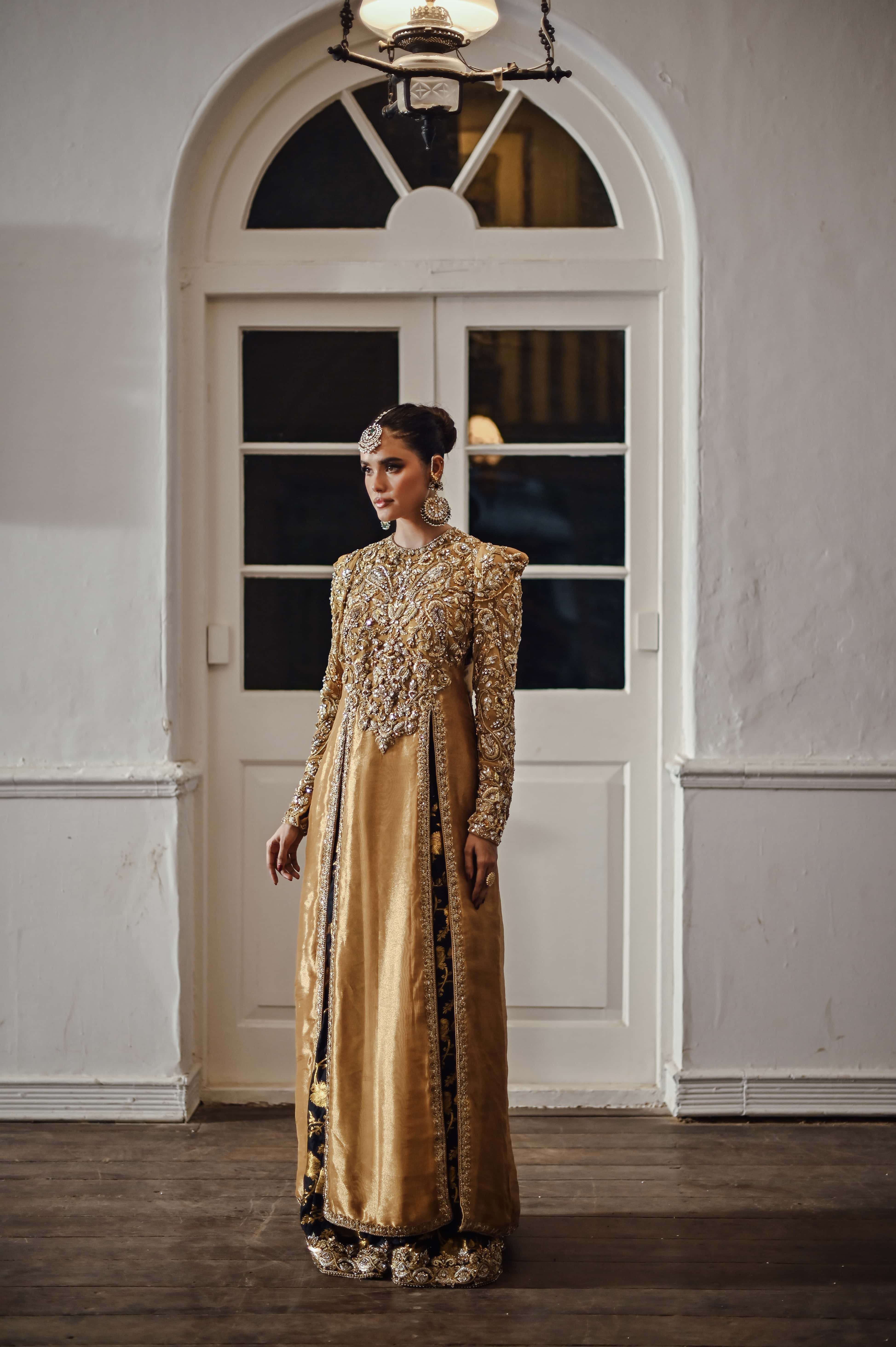Gold Lamé Long Embellished Kameez with Jamawar Dhaka Pajama