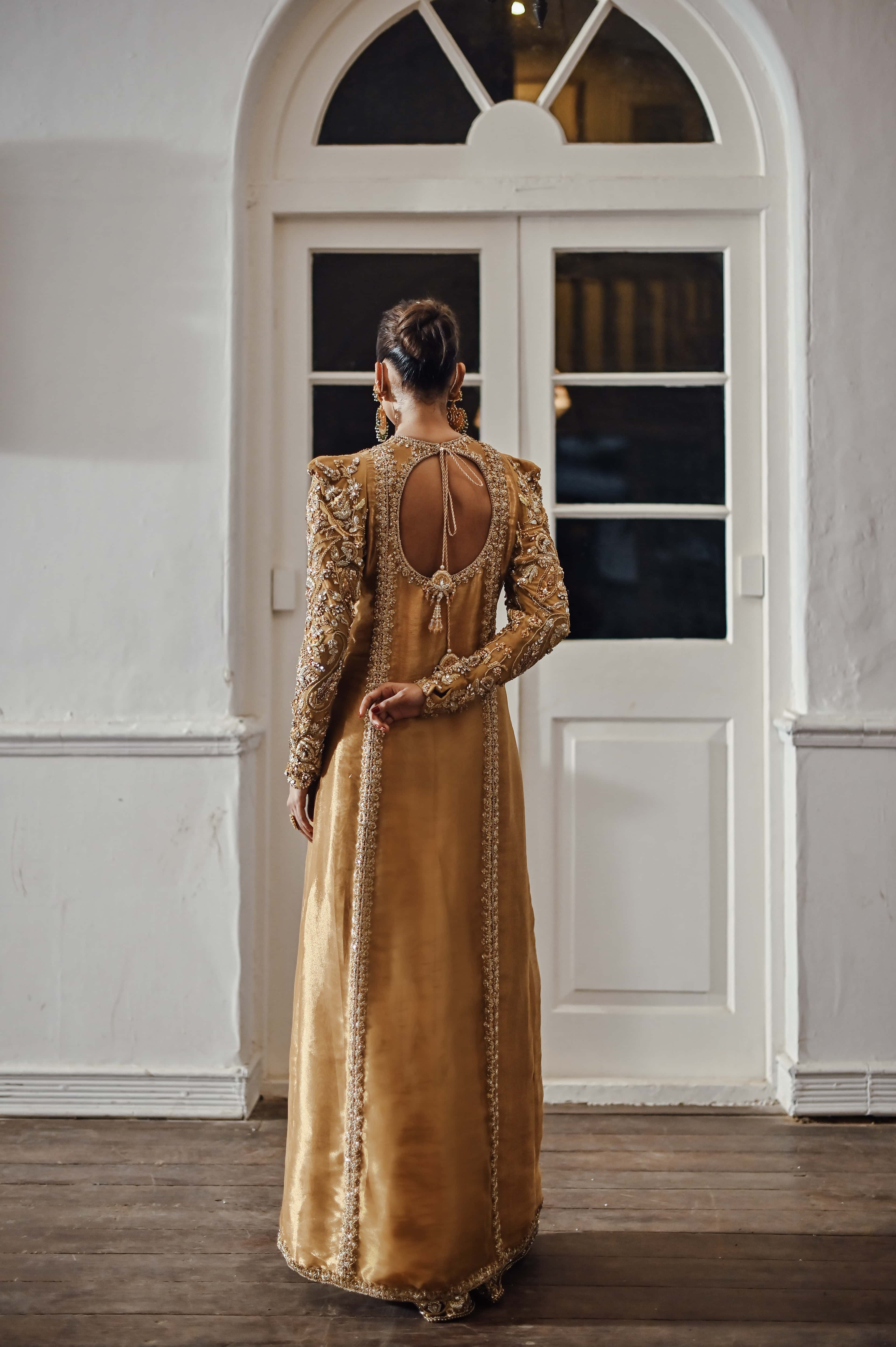 Gold Lamé Long Embellished Kameez with Jamawar Dhaka Pajama