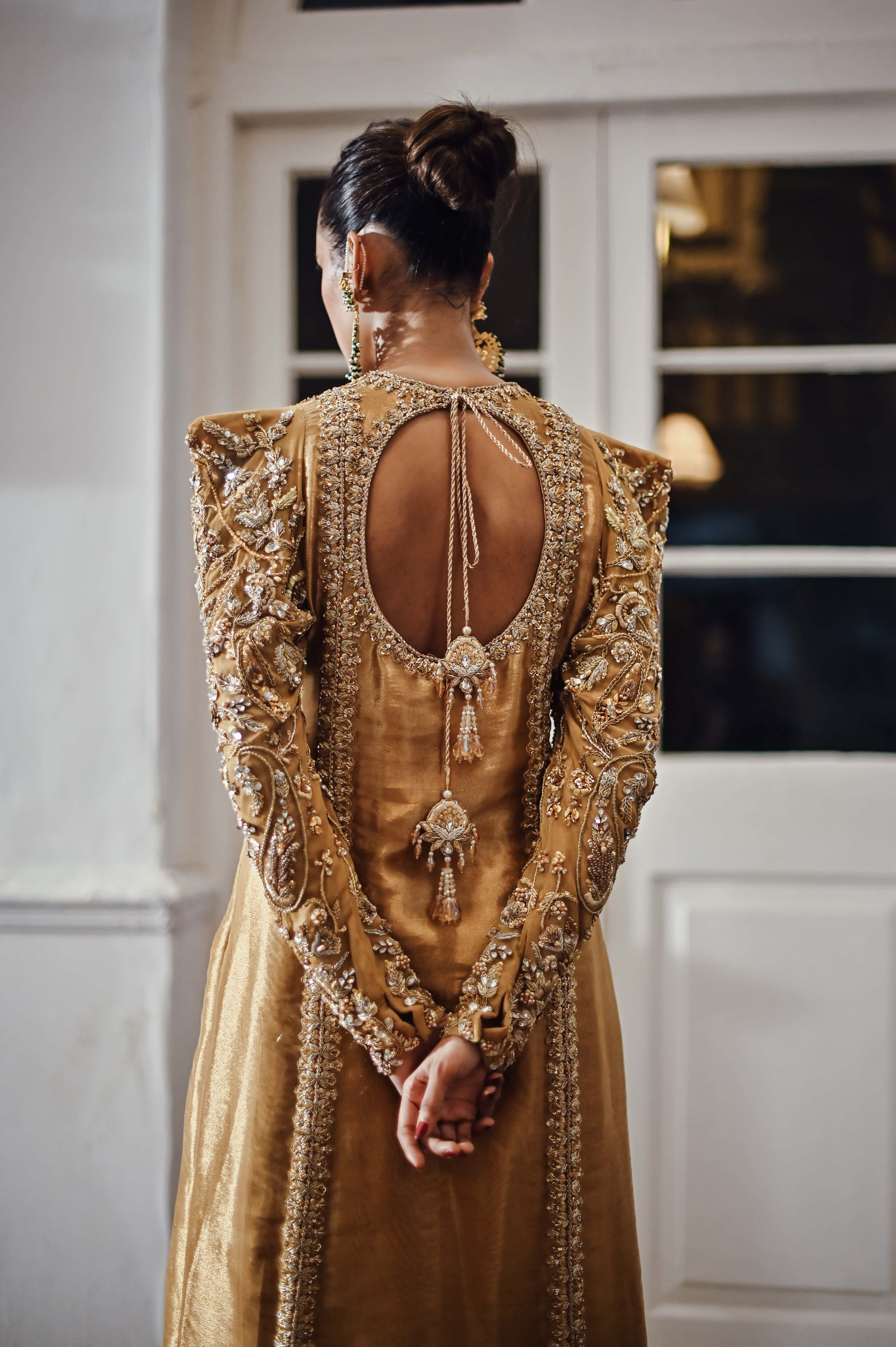 Gold Lamé Long Embellished Kameez with Jamawar Dhaka Pajama