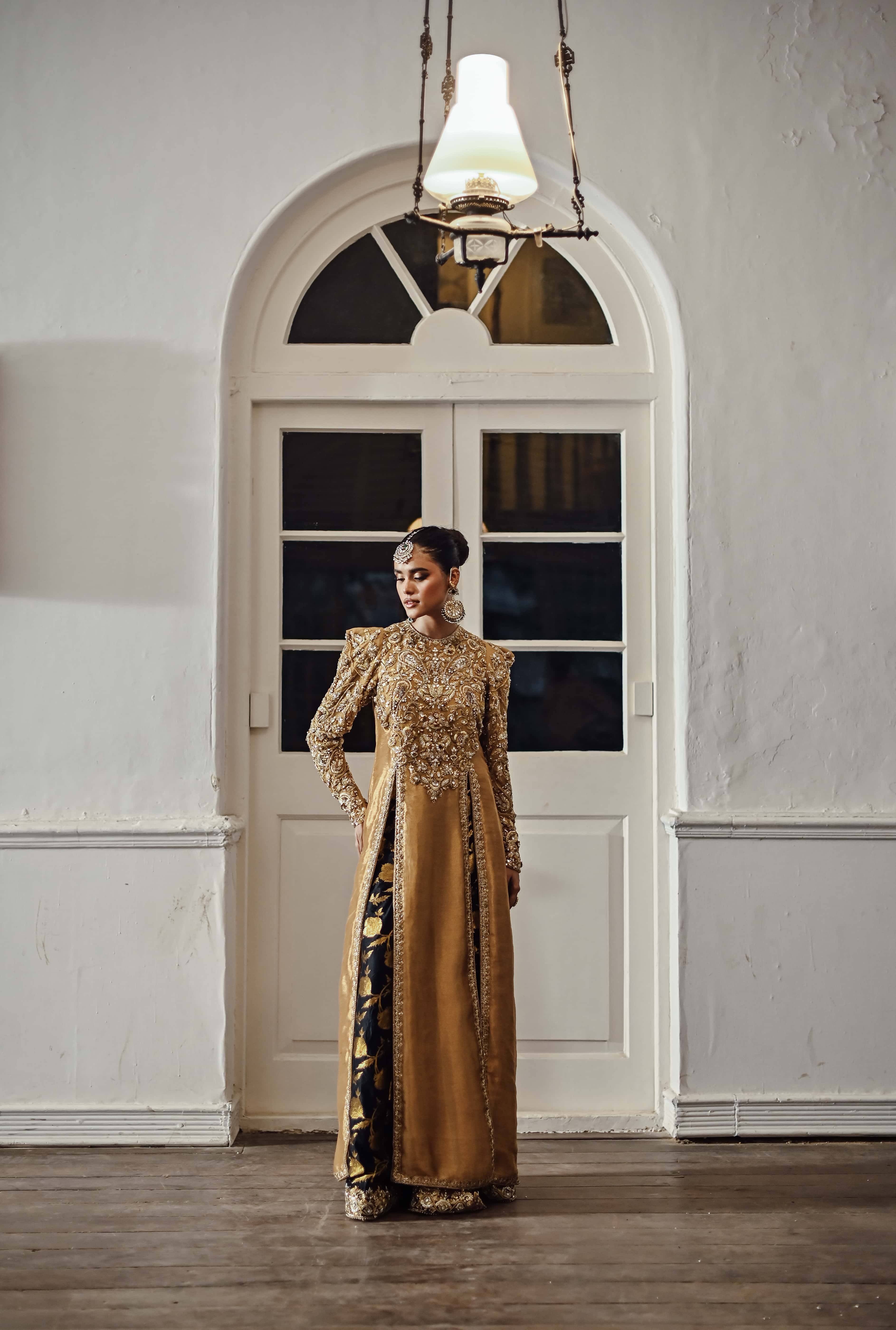 Gold Lamé Long Embellished Kameez with Jamawar Dhaka Pajama