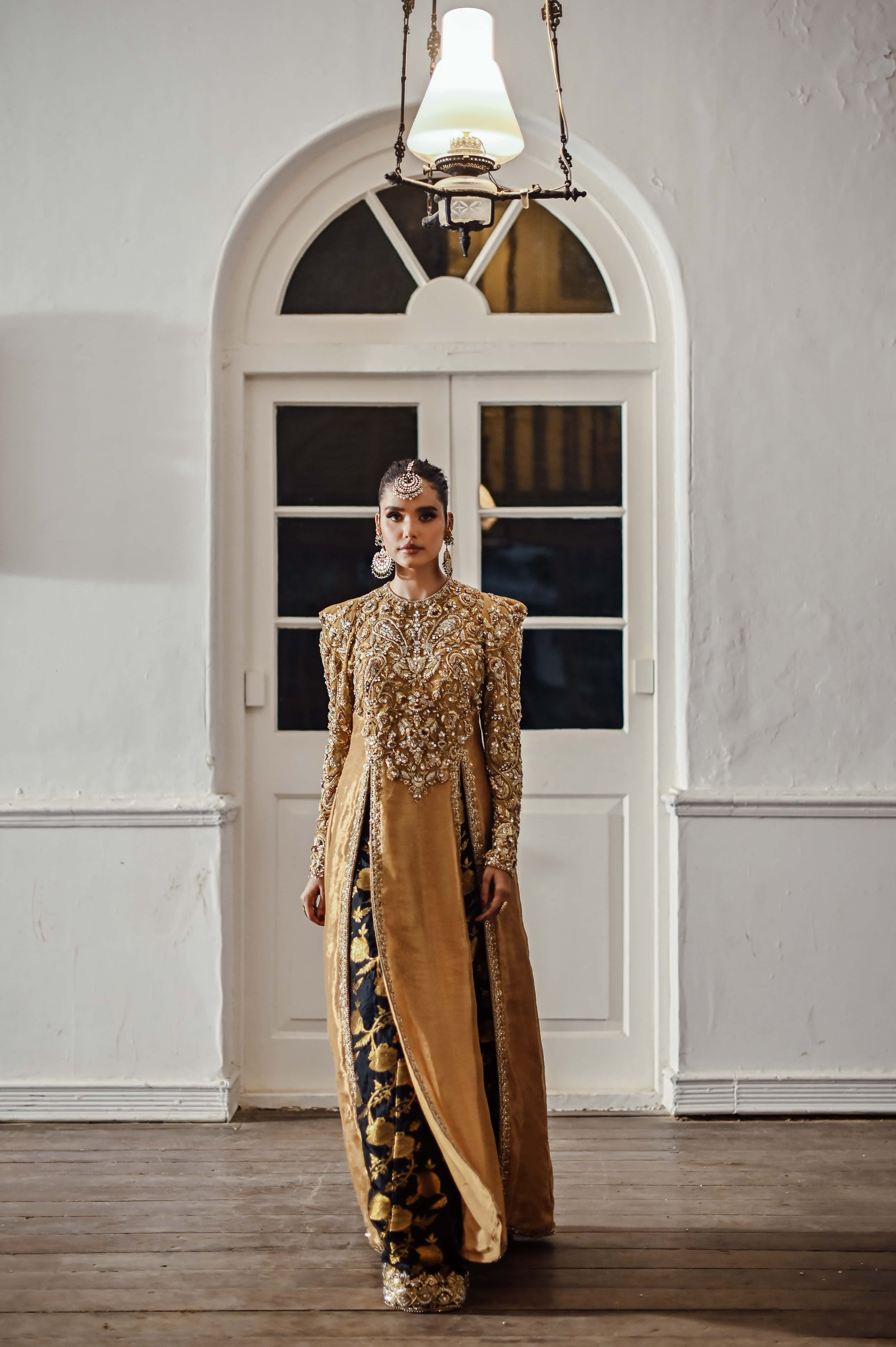 Gold Lamé Long Embellished Kameez with Jamawar Dhaka Pajama