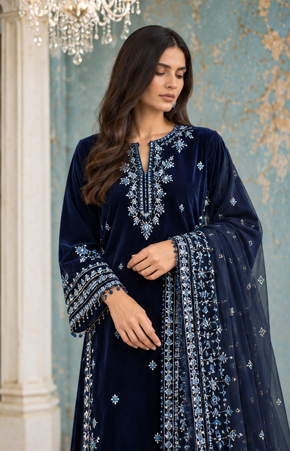 FW26DA-3004 NAVY BLUE 2PCS EMBROIDERED KURTA WITH TROUSER