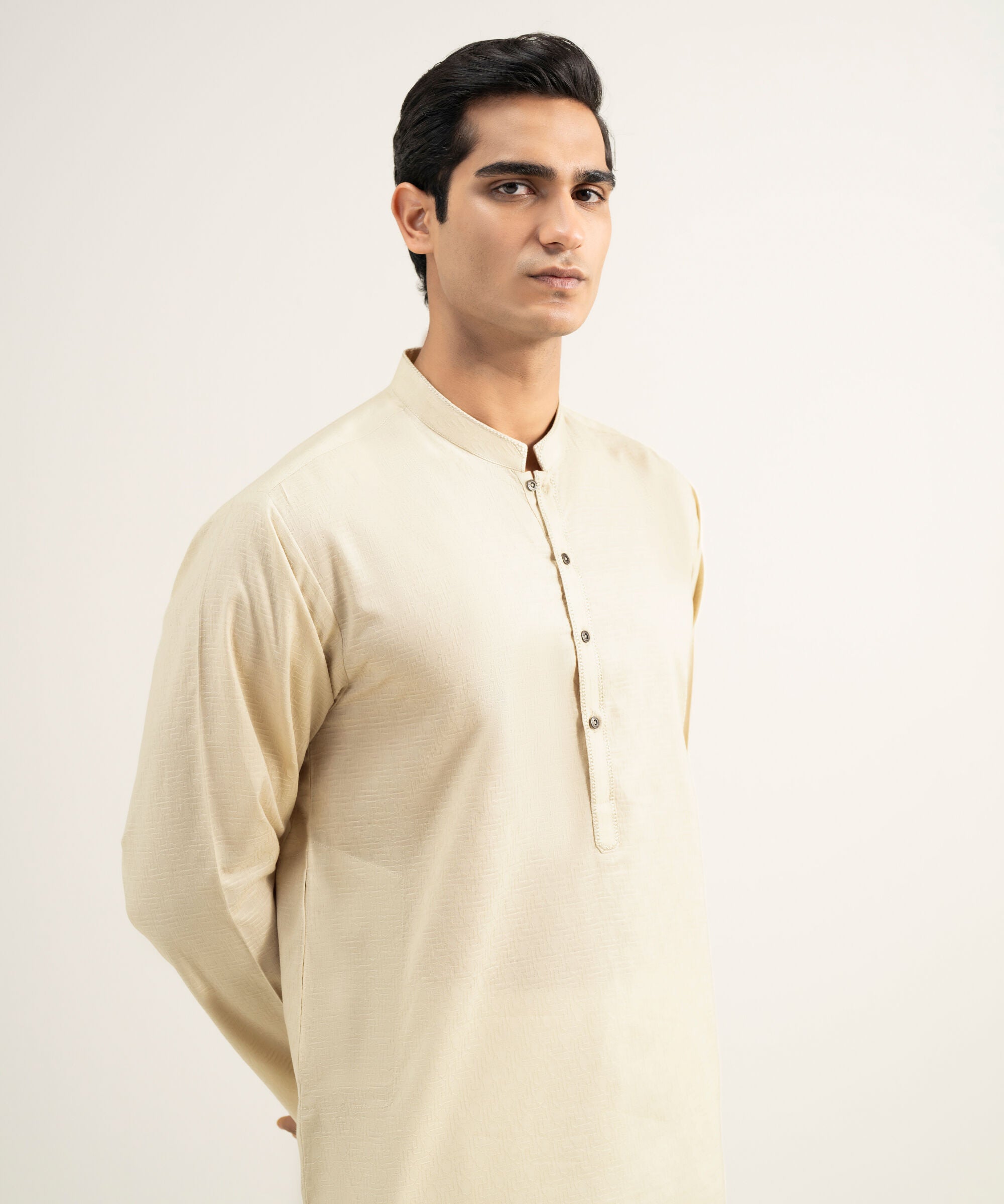Men's Stitched Cotton Jacquard Beige Kurta