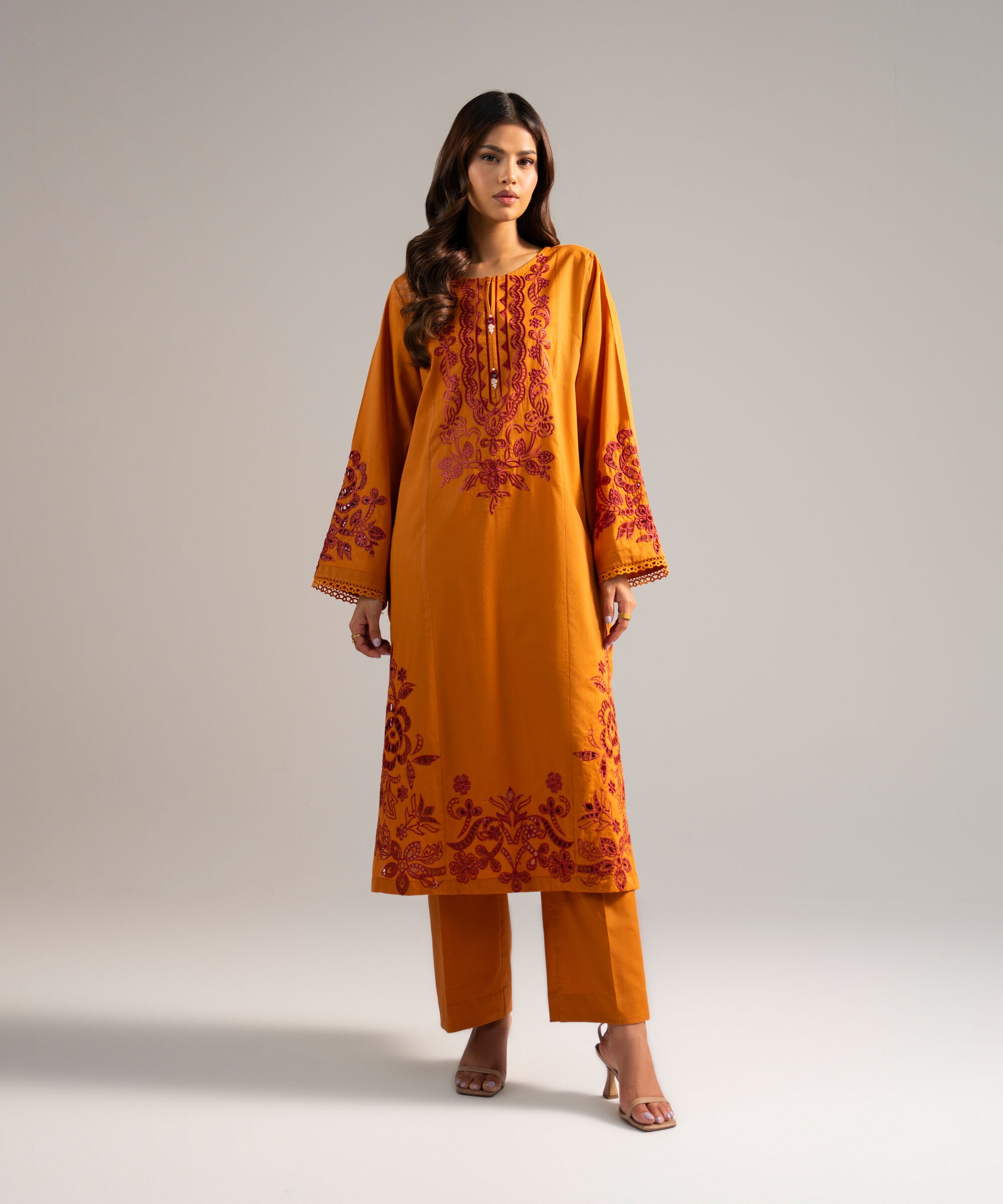 Women's RTW Dobby Embroidered Orange 2 Piece Suit
