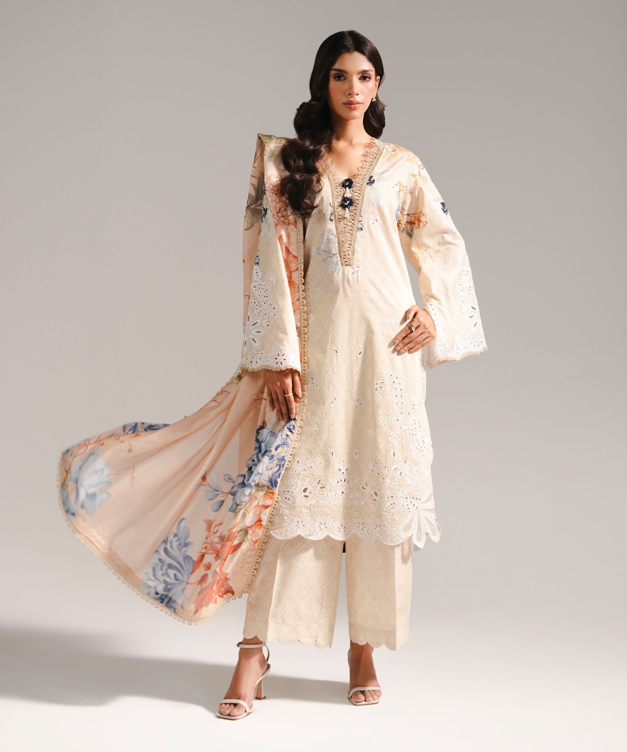 Women's RTW Self Jacquard Embroidered Beige 3 Piece Suit