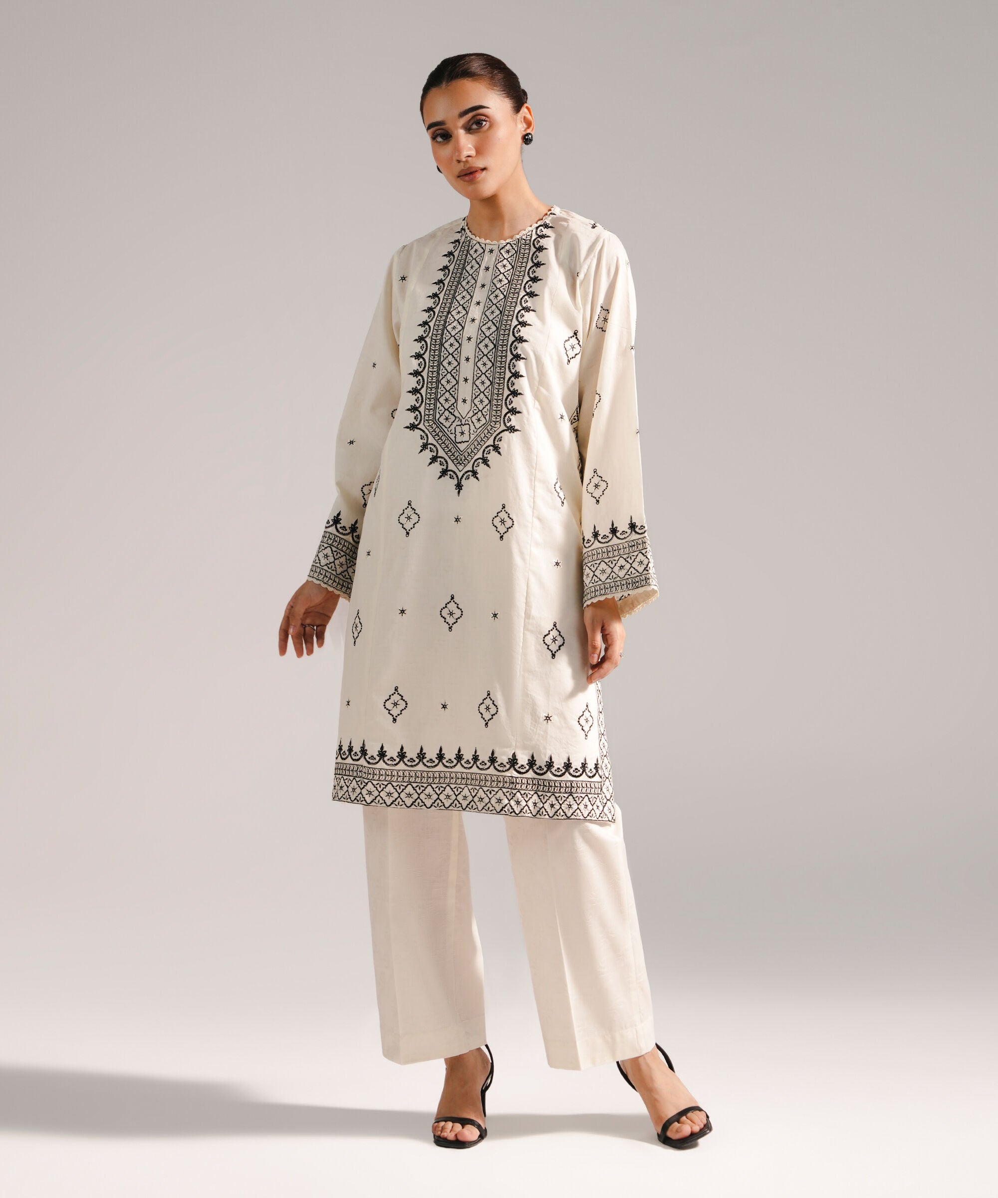 Women's RTW Self Jacquard Embroidered Off White 2 Piece Suit