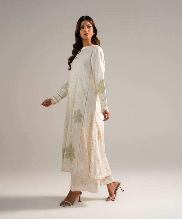 2 Piece - Embroidered Cotton Satin Suit
