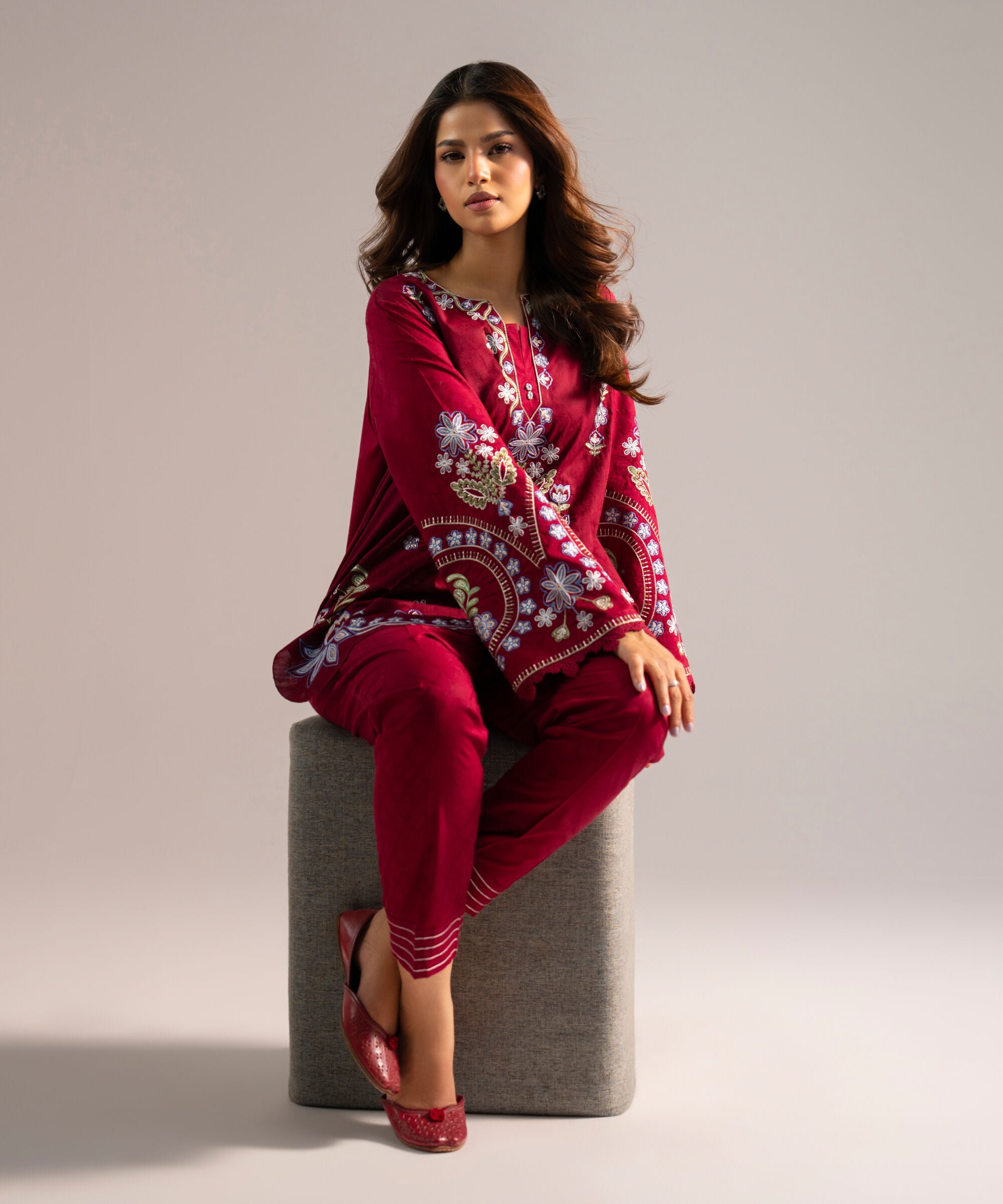 Women's RTW Self Jacquard Embroidered Red 2 Piece Suit