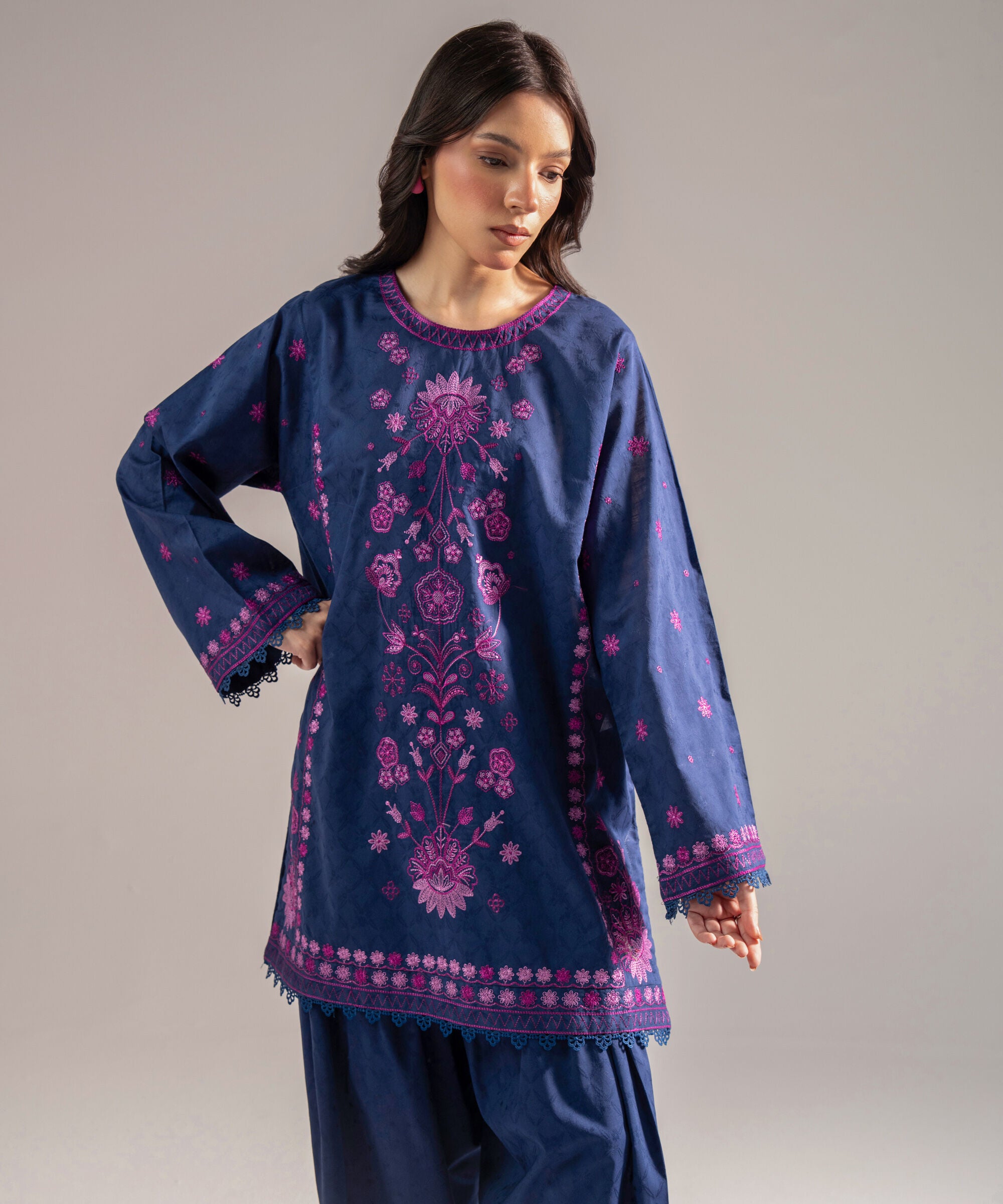 Women's RTW Self Jacquard Embroidered Dark Blue 2 Piece Suit